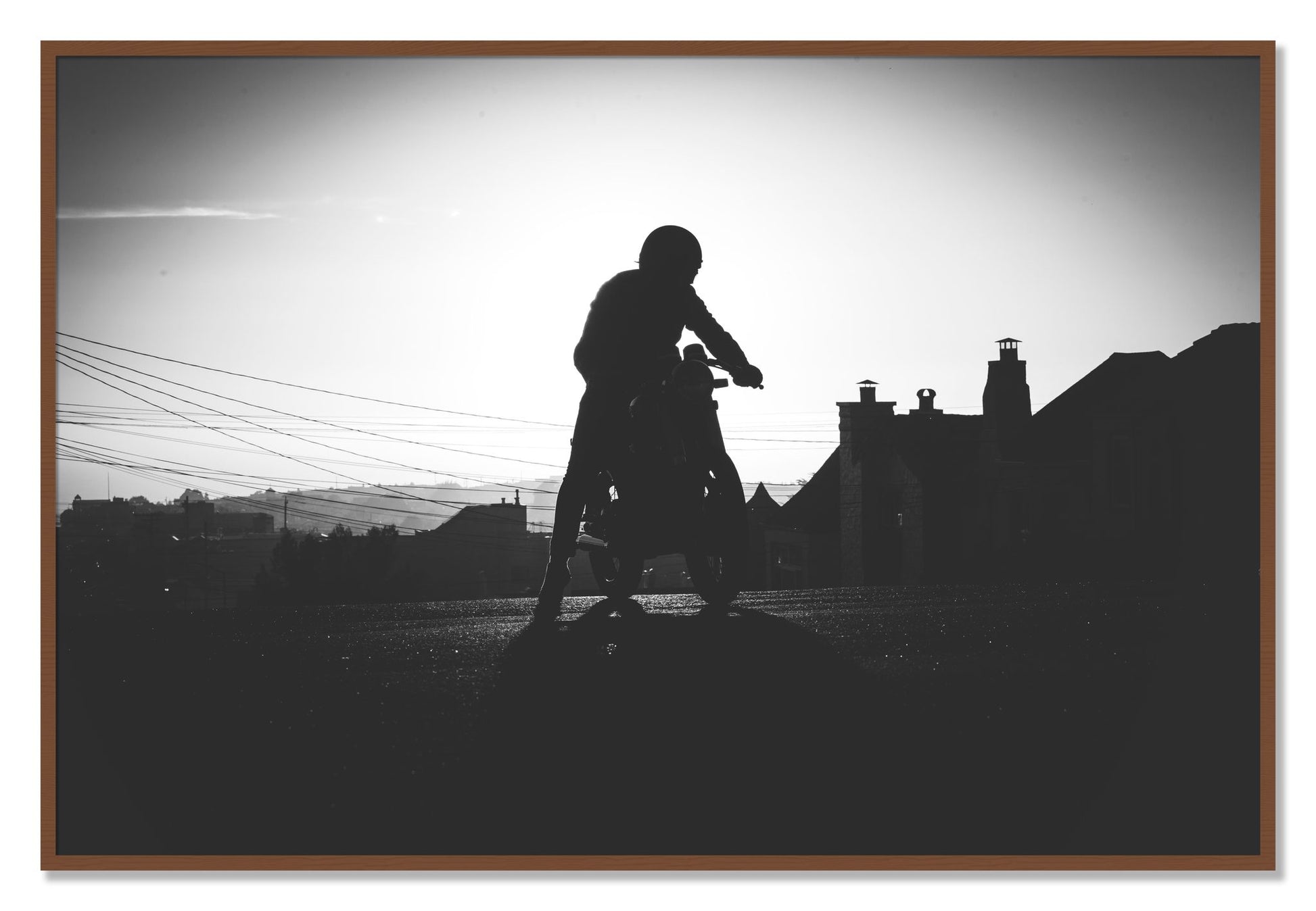 Framed photograph of Cafe Racer by Dylan Ozanich, Walnut frame, Full Bleed