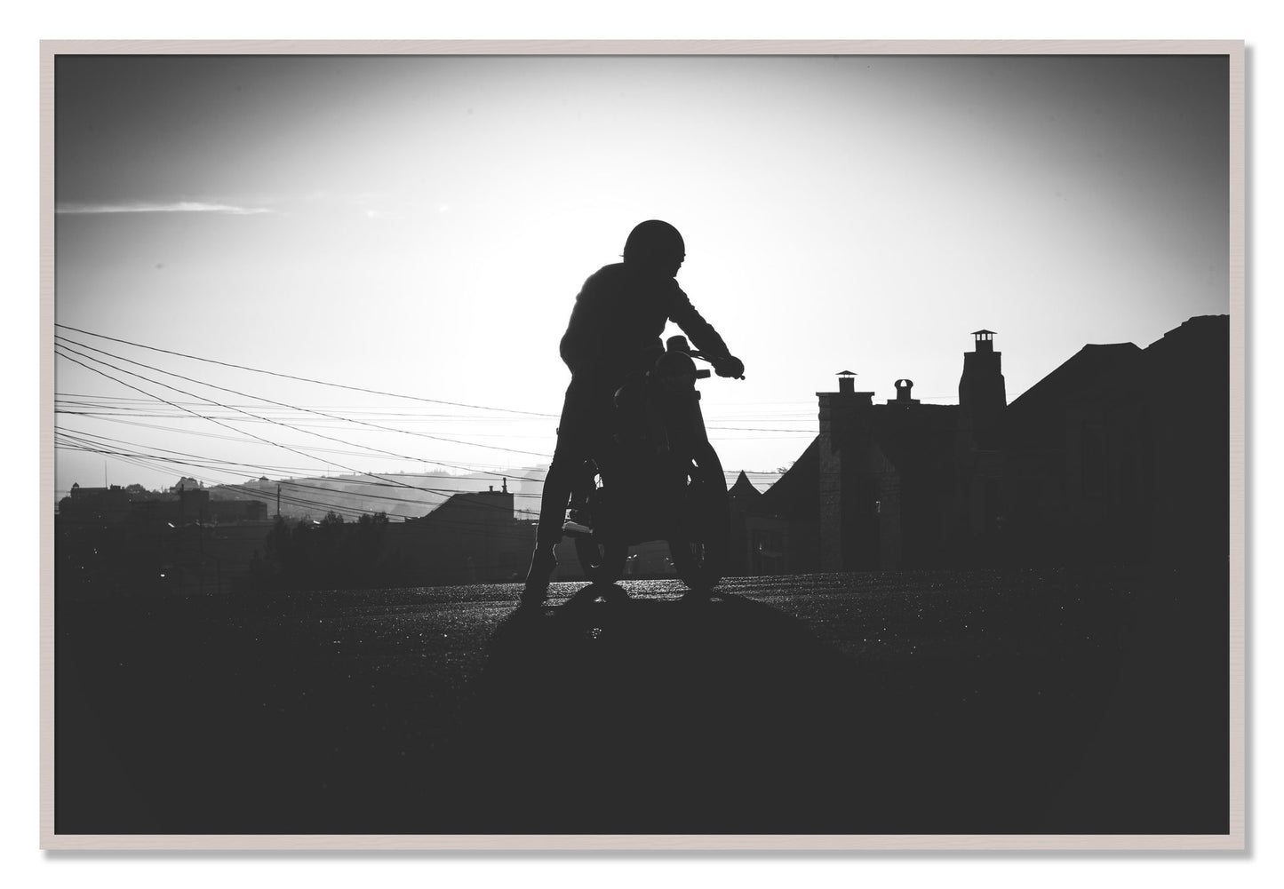 Framed photograph of Cafe Racer by Dylan Ozanich, White Maple frame, Full Bleed