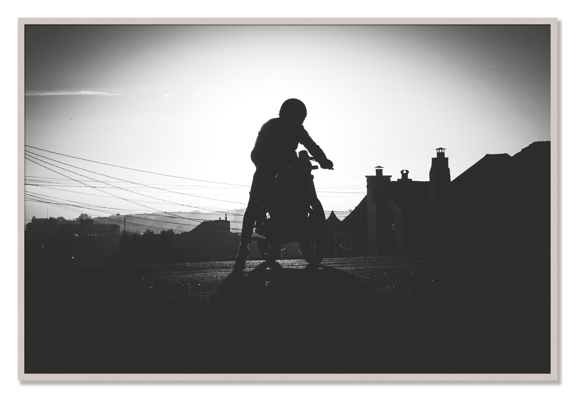 Framed photograph of Cafe Racer by Dylan Ozanich, White Maple frame, Full Bleed