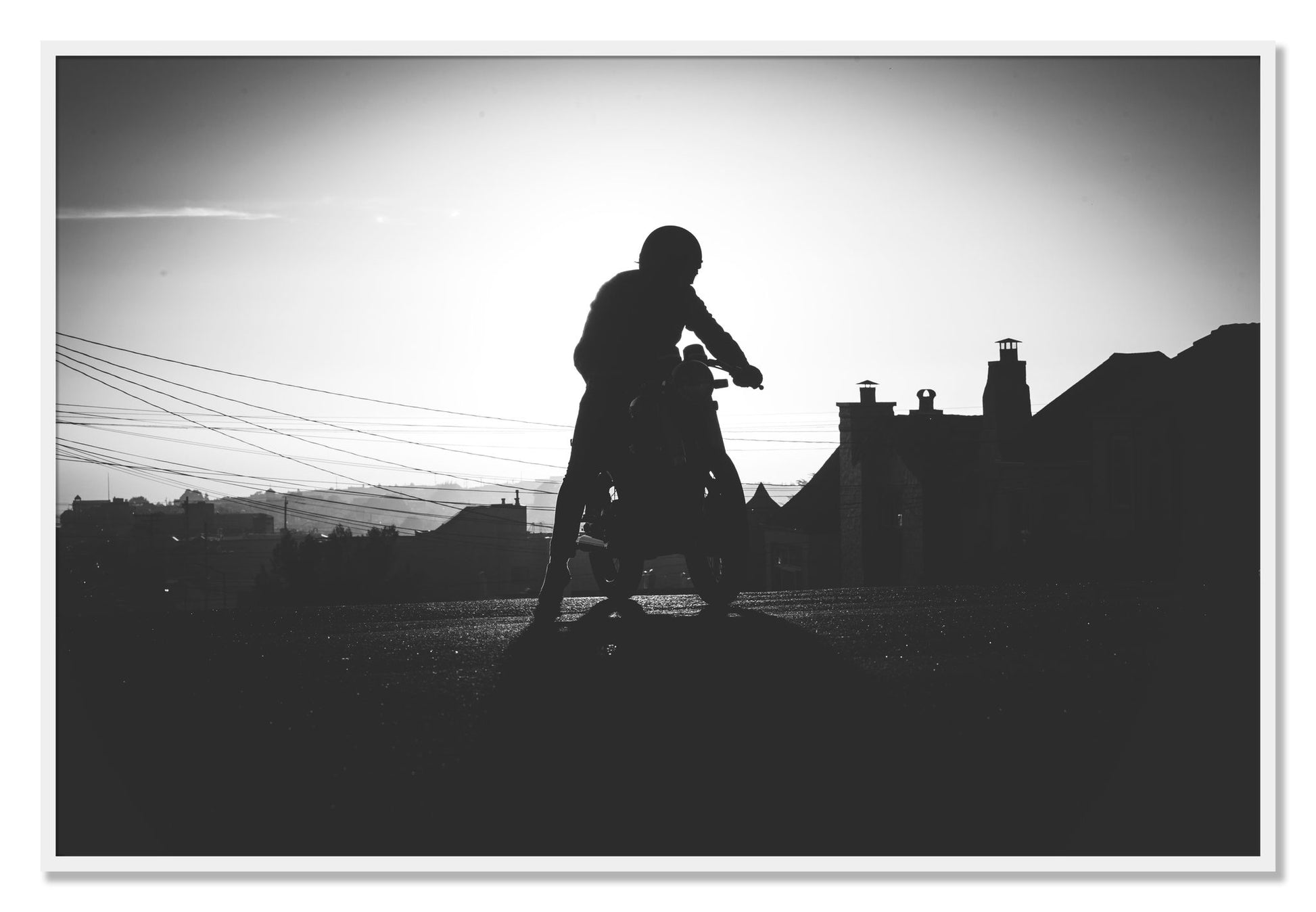 Framed photograph of Cafe Racer by Dylan Ozanich, White frame, Full Bleed