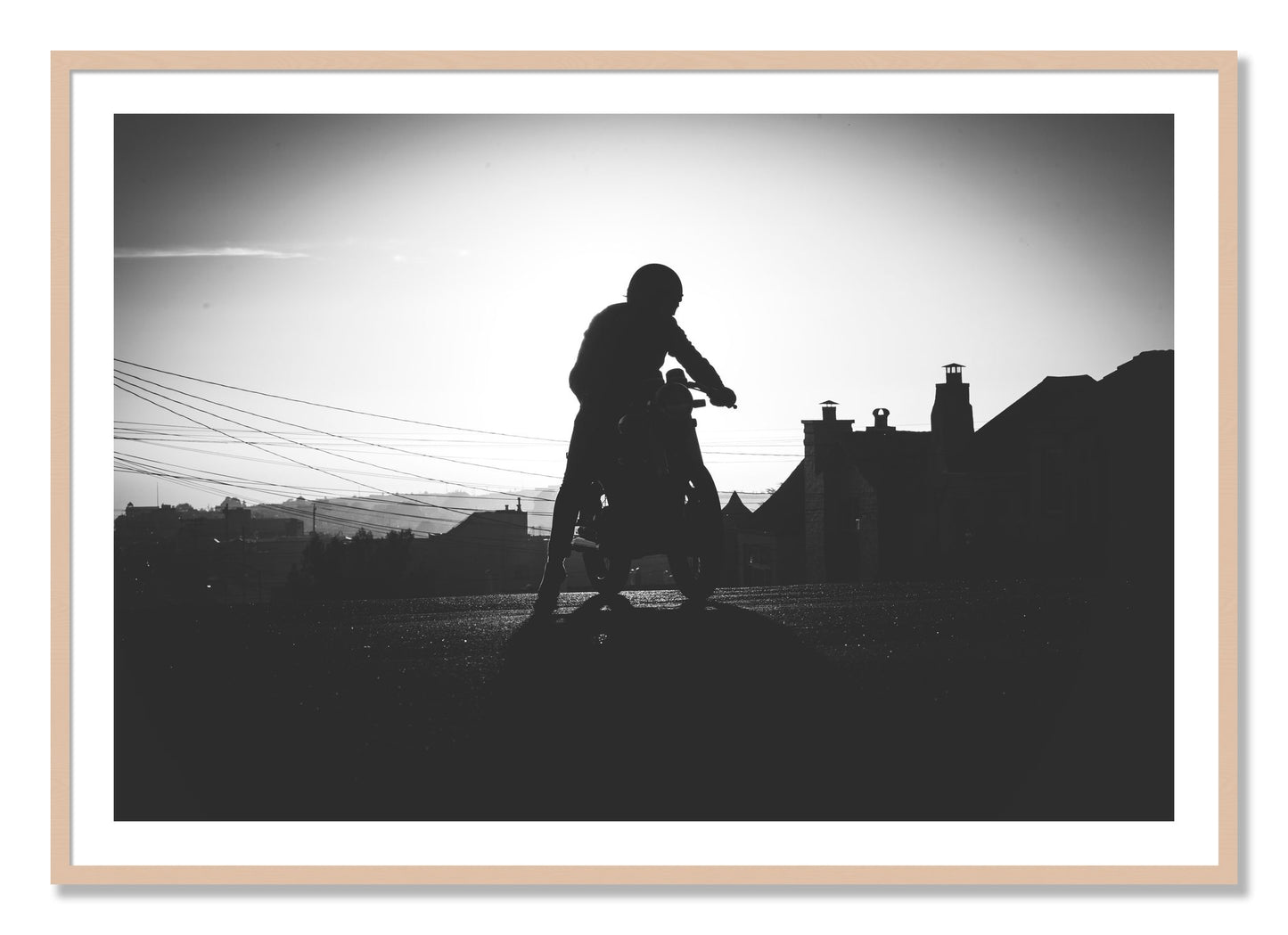 Framed photograph of Cafe Racer by Dylan Ozanich, Maple frame, Borders