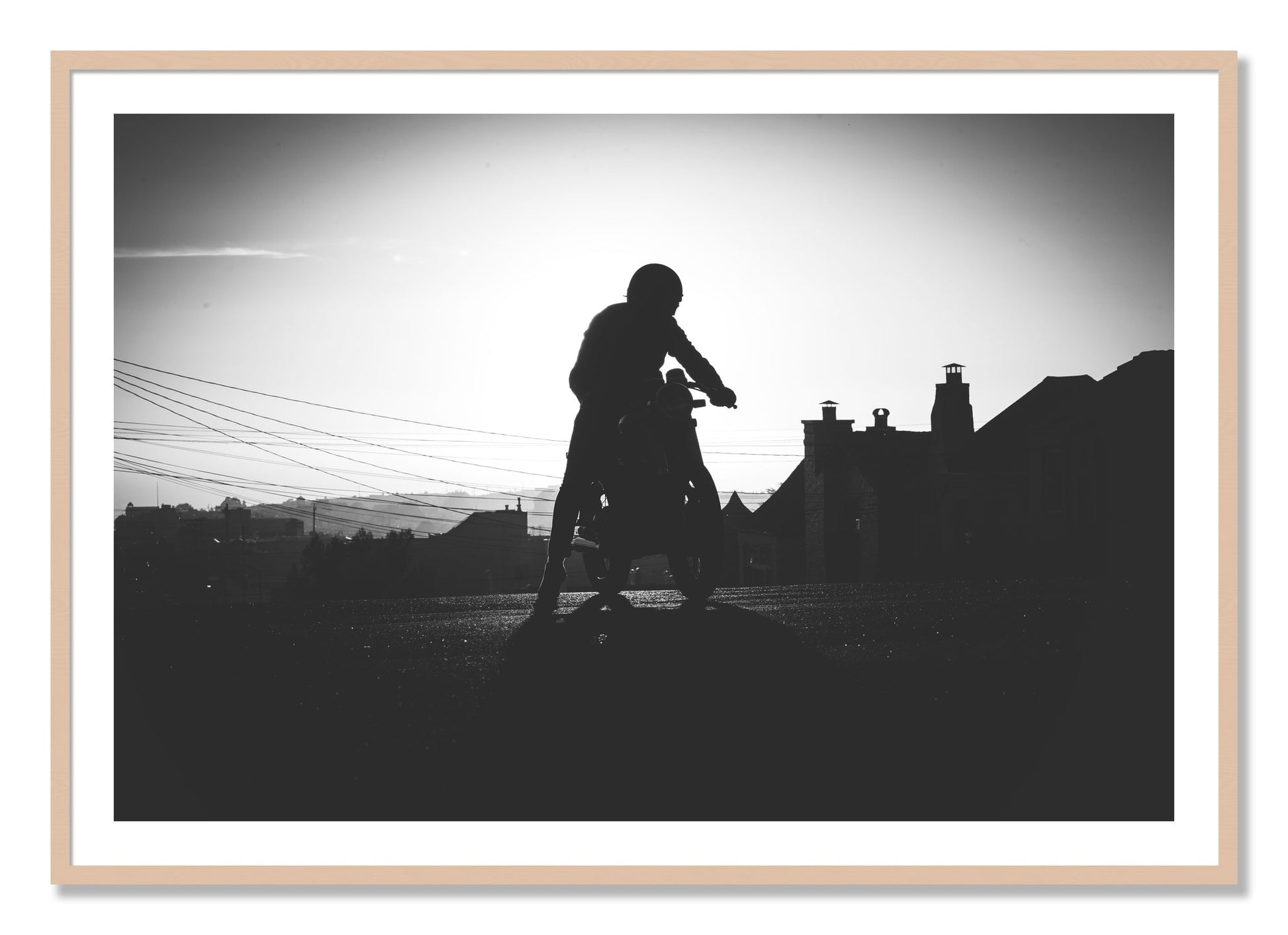 Framed photograph of Cafe Racer by Dylan Ozanich, Maple frame, Borders