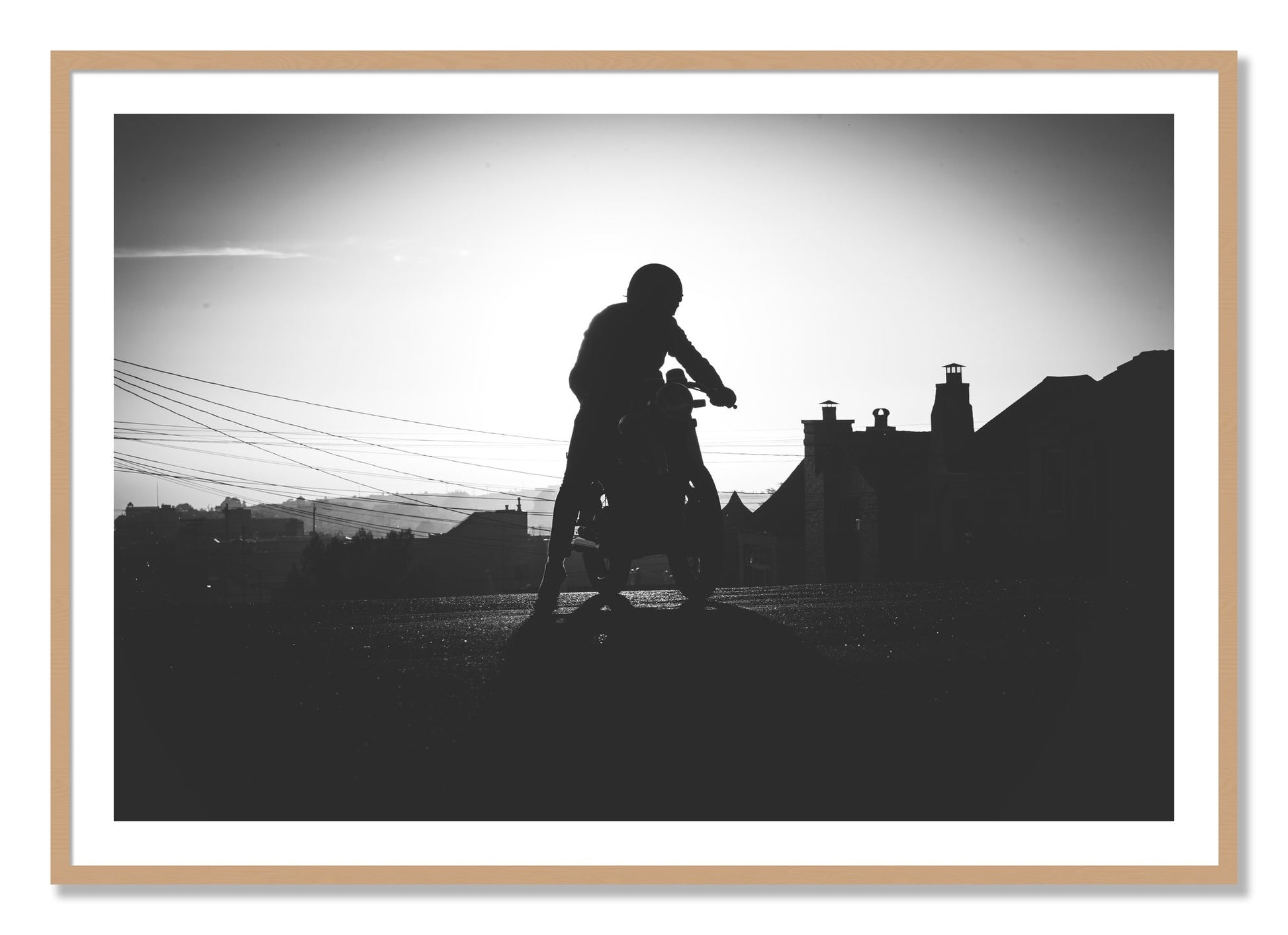 Framed photograph of Cafe Racer by Dylan Ozanich, Oak frame, Borders