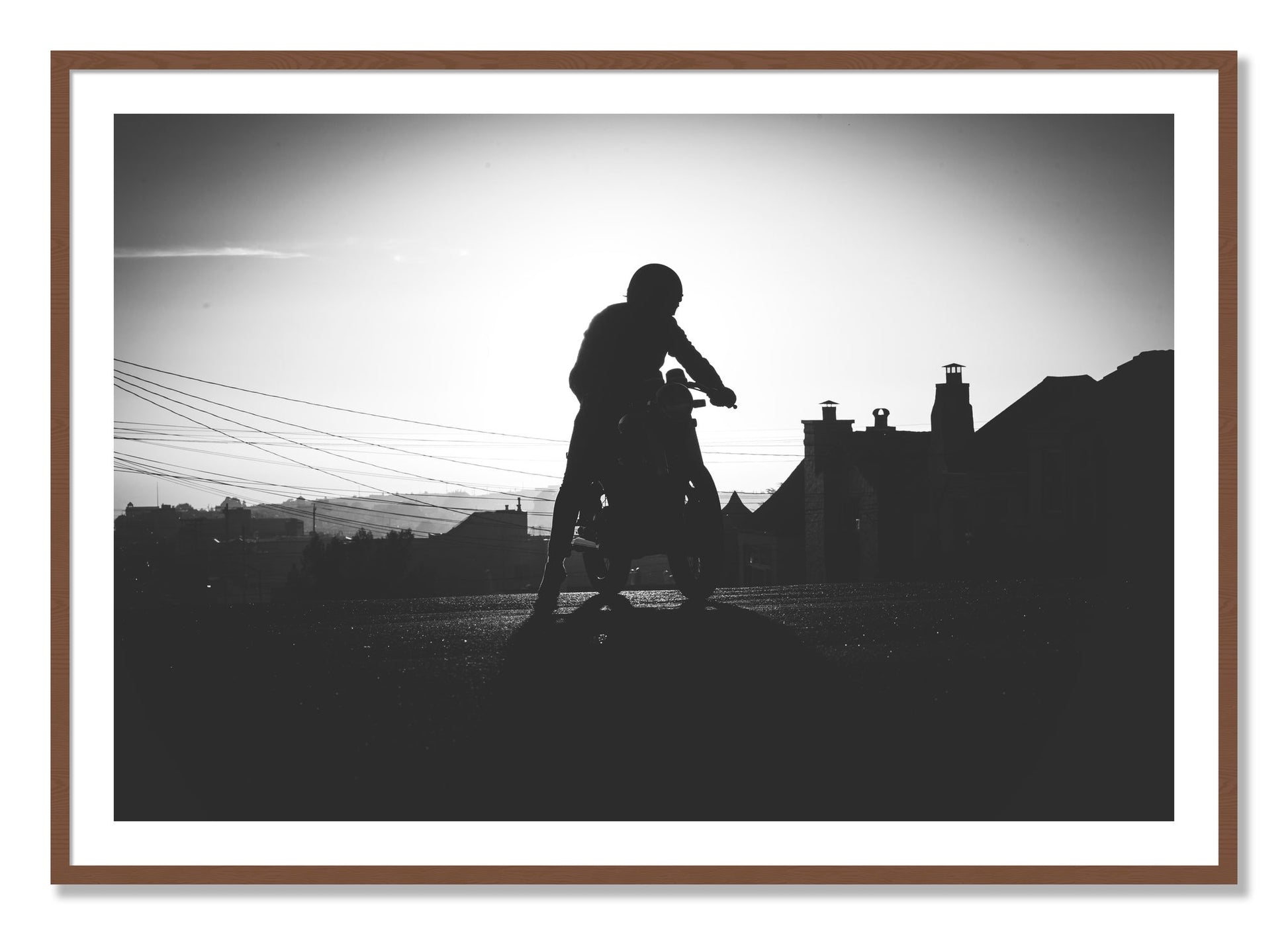Framed photograph of Cafe Racer by Dylan Ozanich, Walnut frame, Borders