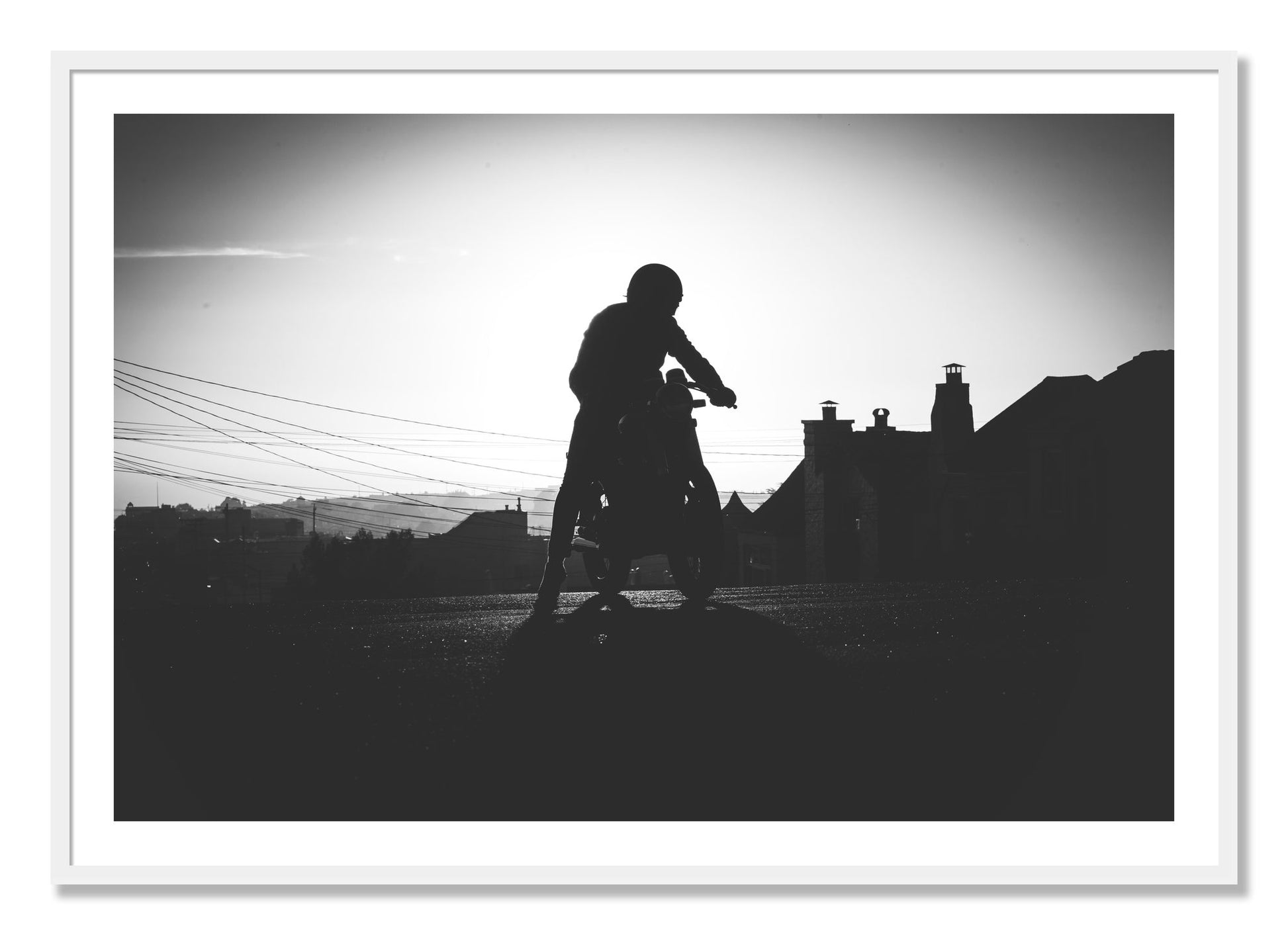 Framed photograph of Cafe Racer by Dylan Ozanich, White frame, Borders