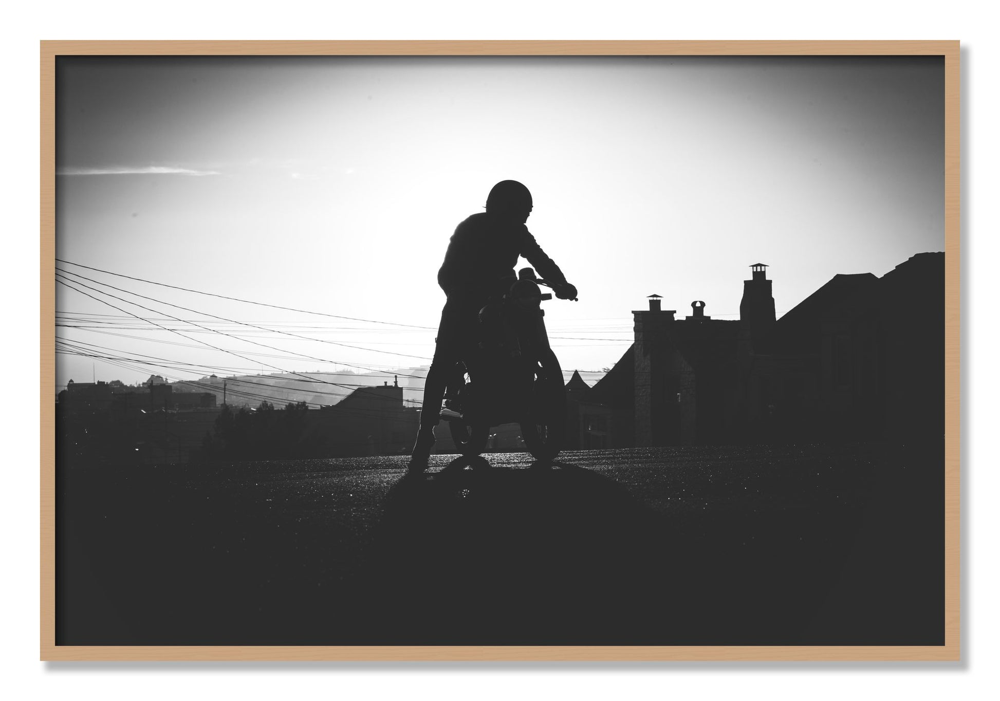 Framed photograph of Cafe Racer by Dylan Ozanich, Oak frame, Full Bleed