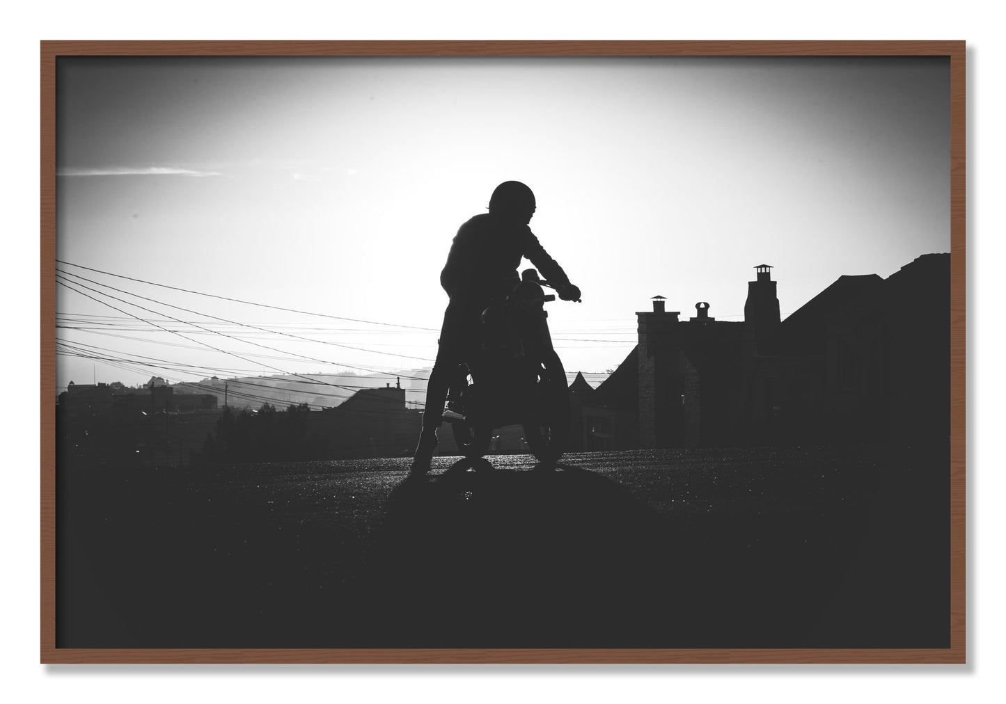 Framed photograph of Cafe Racer by Dylan Ozanich, Walnut frame, Full Bleed