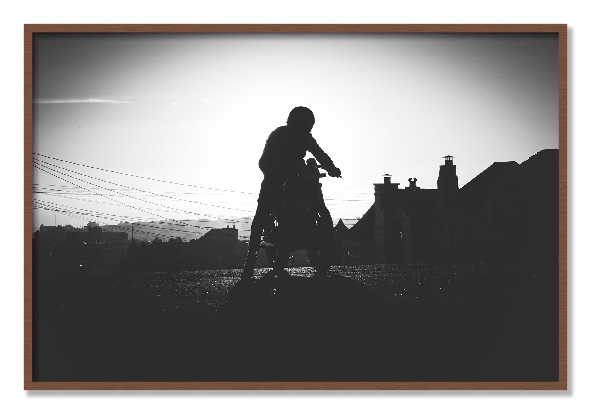 Framed photograph of Cafe Racer by Dylan Ozanich, Walnut frame, Full Bleed