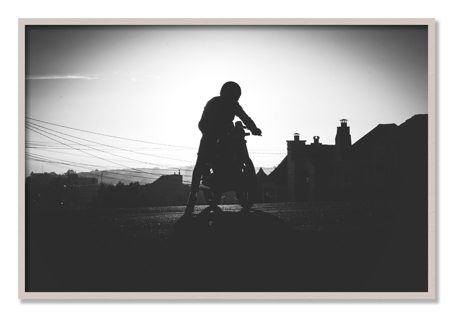 Framed photograph of Cafe Racer by Dylan Ozanich, White Maple frame, Full Bleed