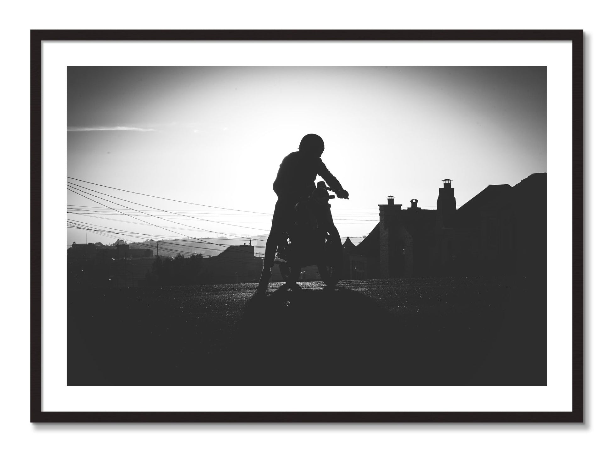 Framed photograph of Cafe Racer by Dylan Ozanich, Black Walnut frame, Borders