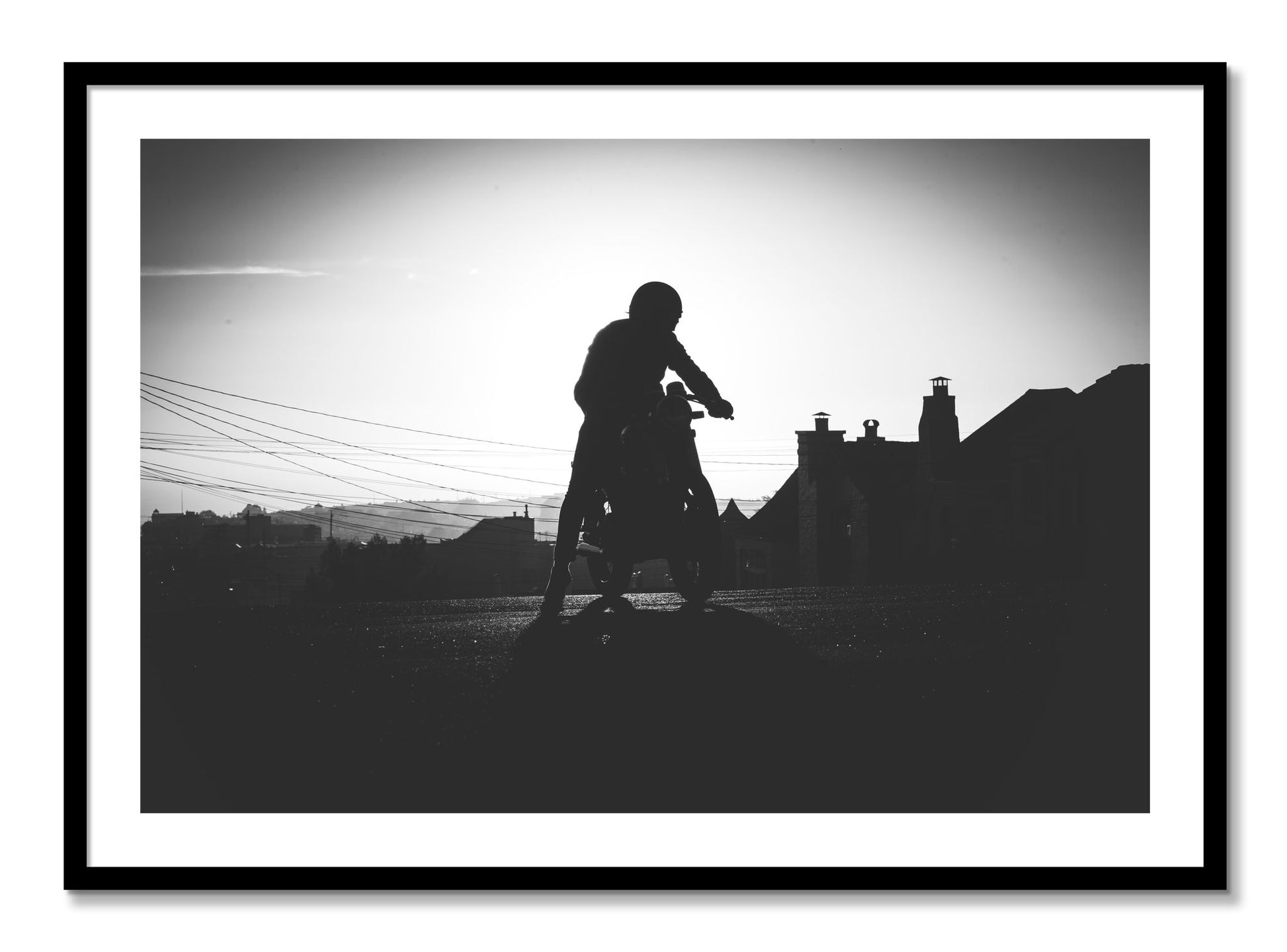 Framed photograph of Cafe Racer by Dylan Ozanich, Black frame, Borders