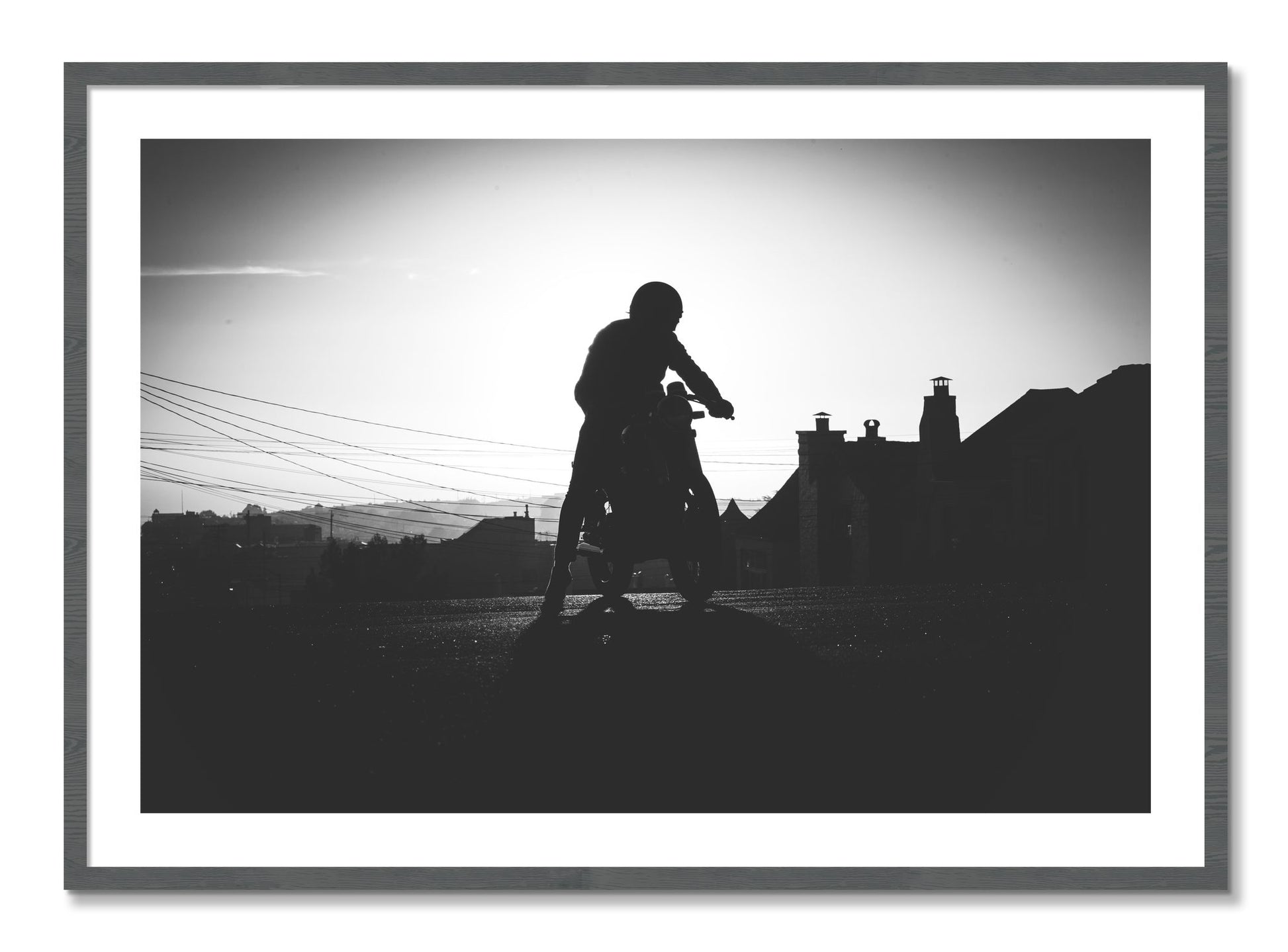 Framed photograph of Cafe Racer by Dylan Ozanich, Grey frame, Borders
