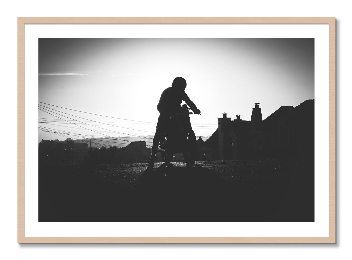Framed photograph of Cafe Racer by Dylan Ozanich, Maple frame, Borders