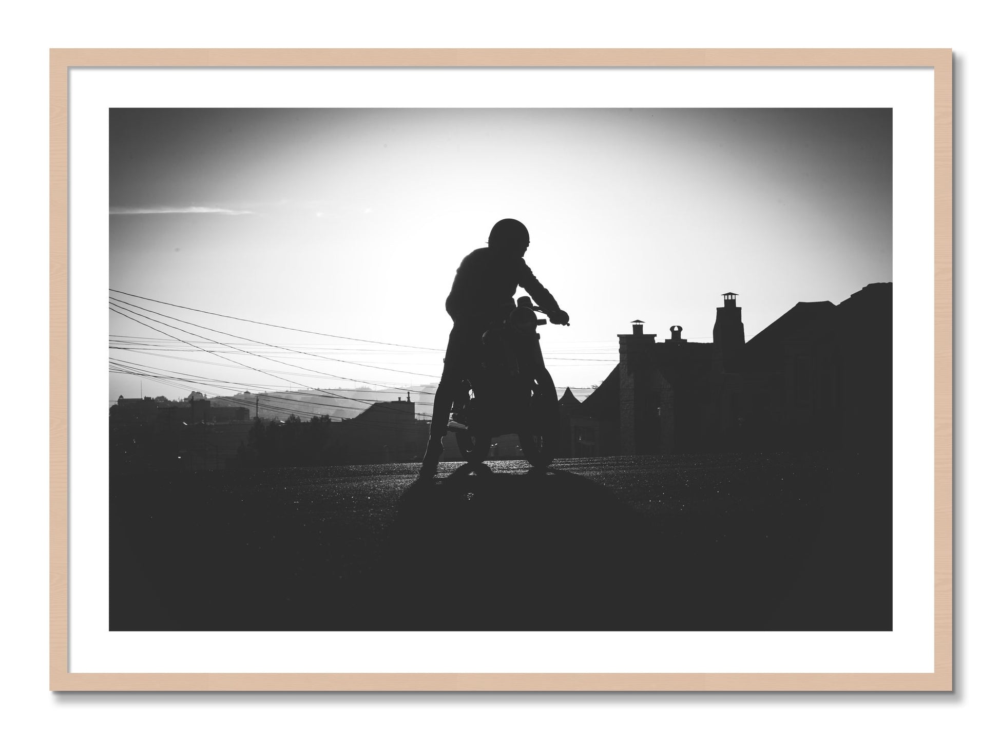 Framed photograph of Cafe Racer by Dylan Ozanich, Maple frame, Borders