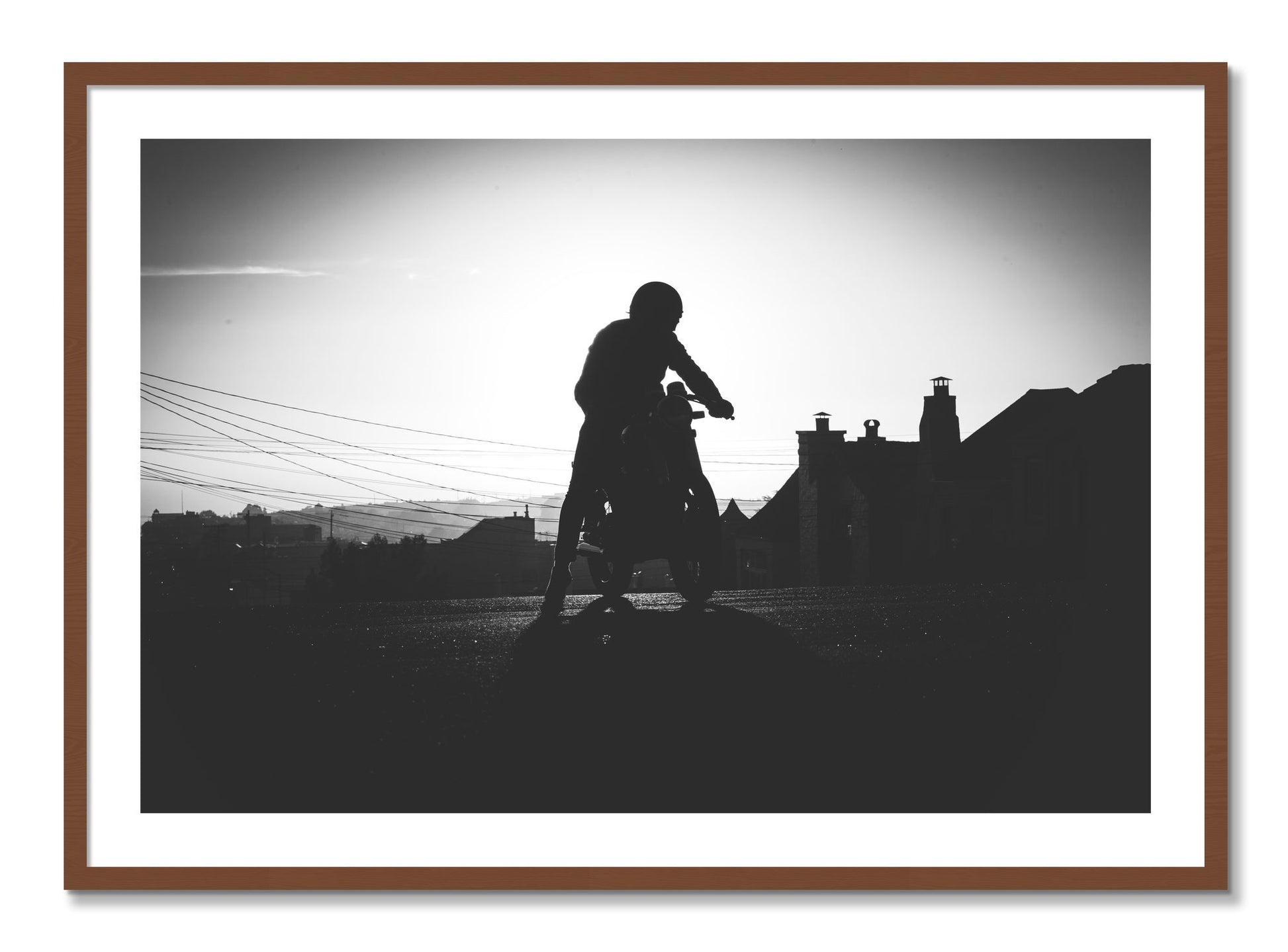 Framed photograph of Cafe Racer by Dylan Ozanich, Walnut frame, Borders