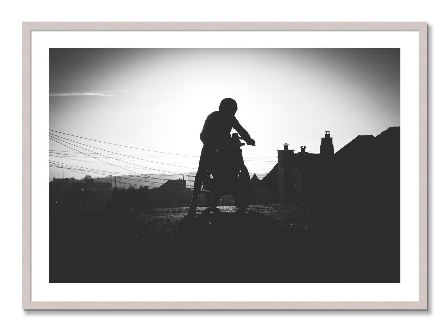 Framed photograph of Cafe Racer by Dylan Ozanich, White Maple frame, Borders