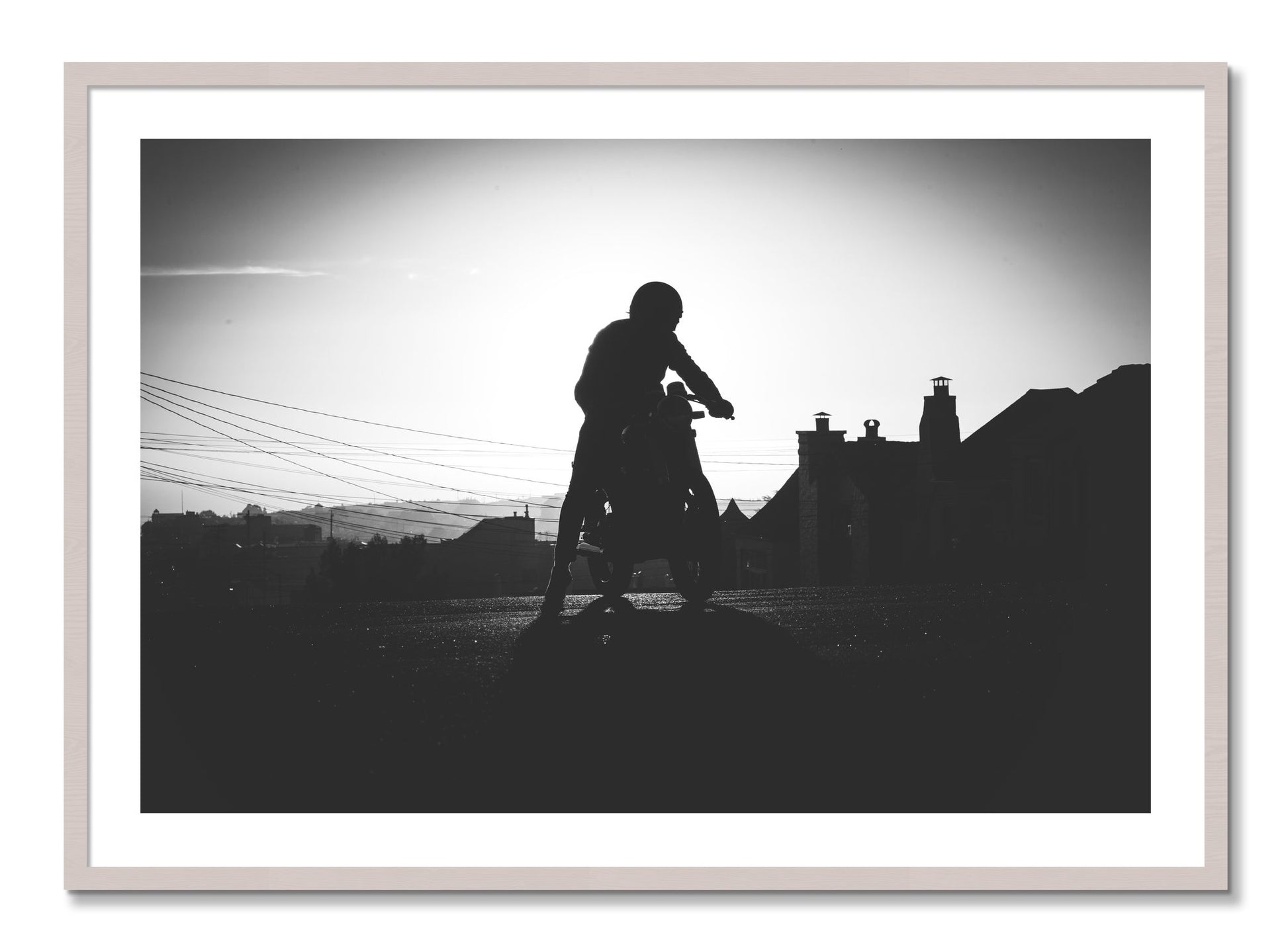 Framed photograph of Cafe Racer by Dylan Ozanich, White Maple frame, Borders