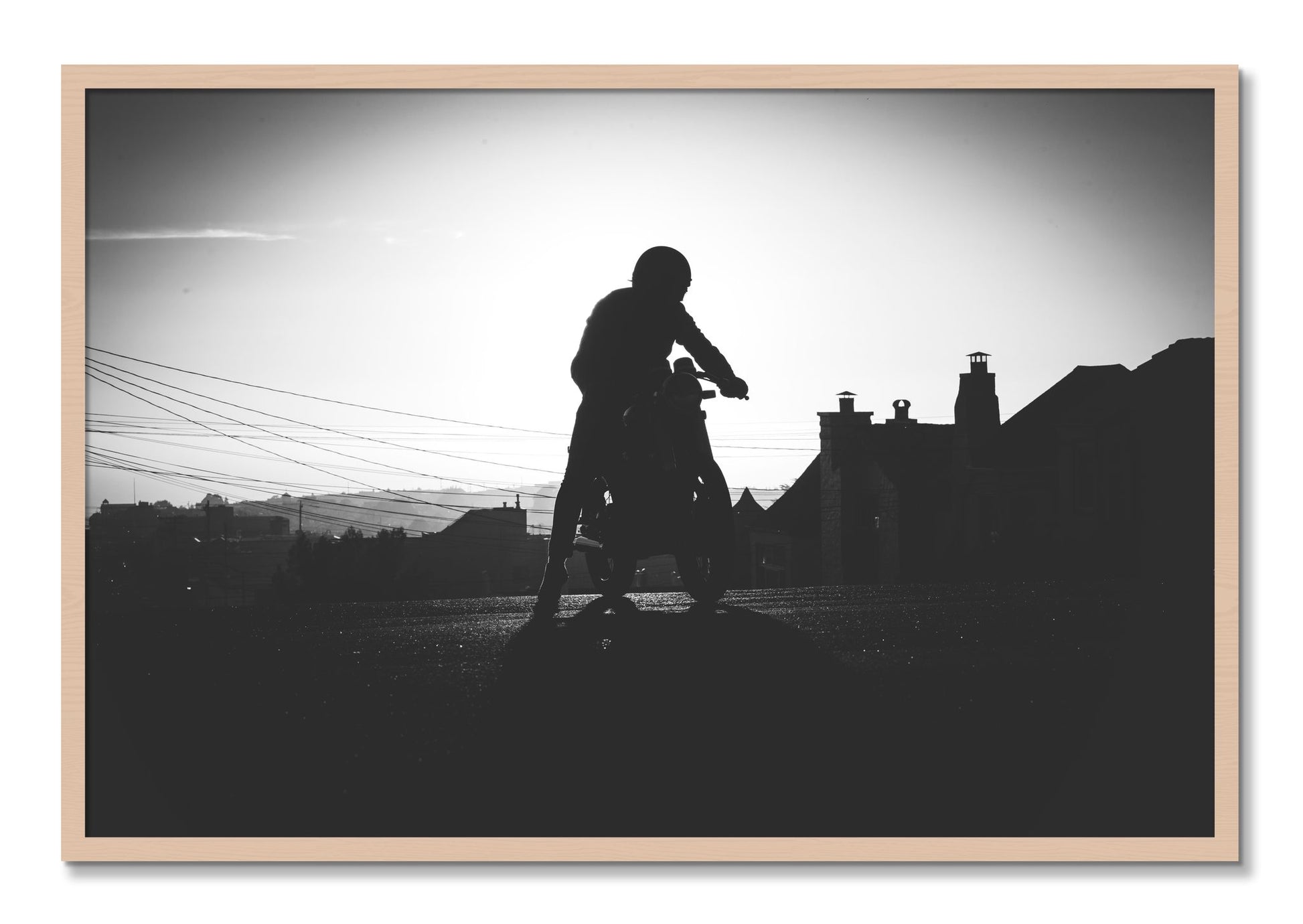 Framed photograph of Cafe Racer by Dylan Ozanich, Maple frame, Full Bleed