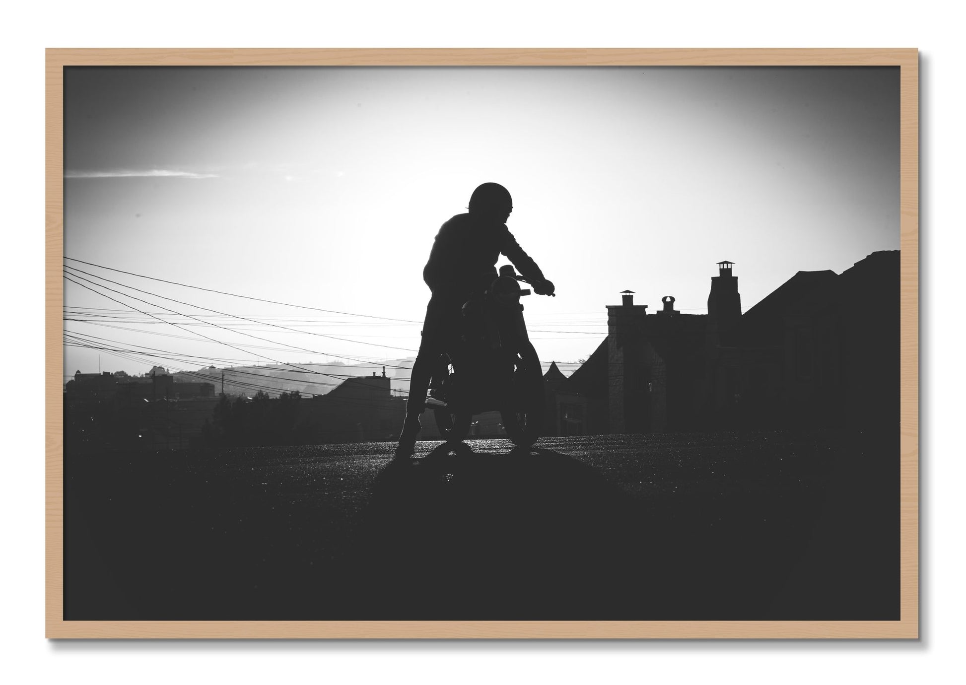 Framed photograph of Cafe Racer by Dylan Ozanich, Oak frame, Full Bleed