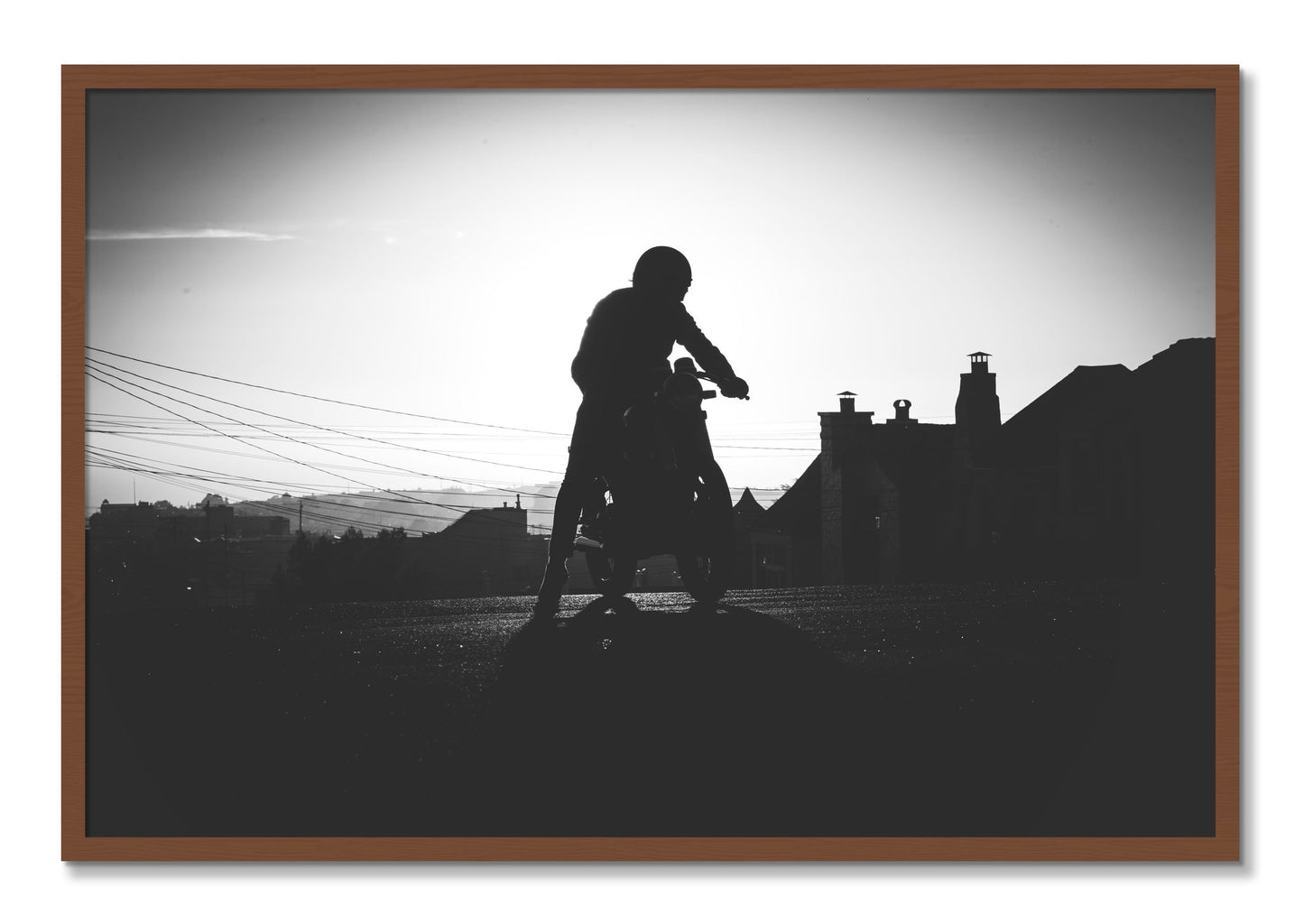 Framed photograph of Cafe Racer by Dylan Ozanich, Walnut frame, Full Bleed