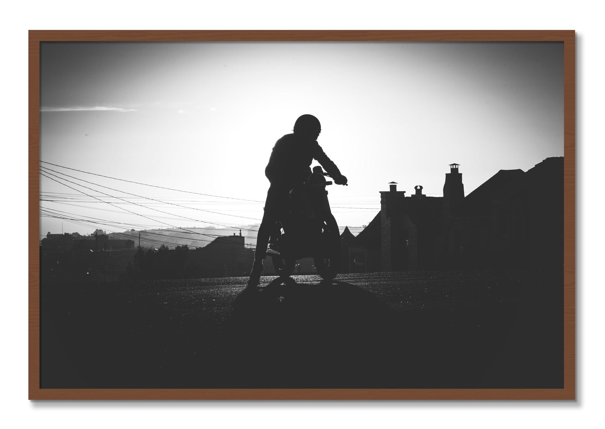 Framed photograph of Cafe Racer by Dylan Ozanich, Walnut frame, Full Bleed