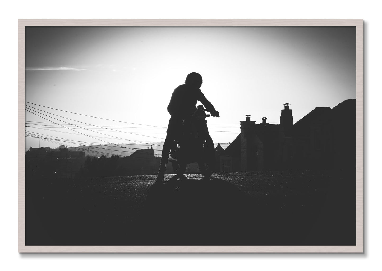 Framed photograph of Cafe Racer by Dylan Ozanich, White Maple frame, Full Bleed