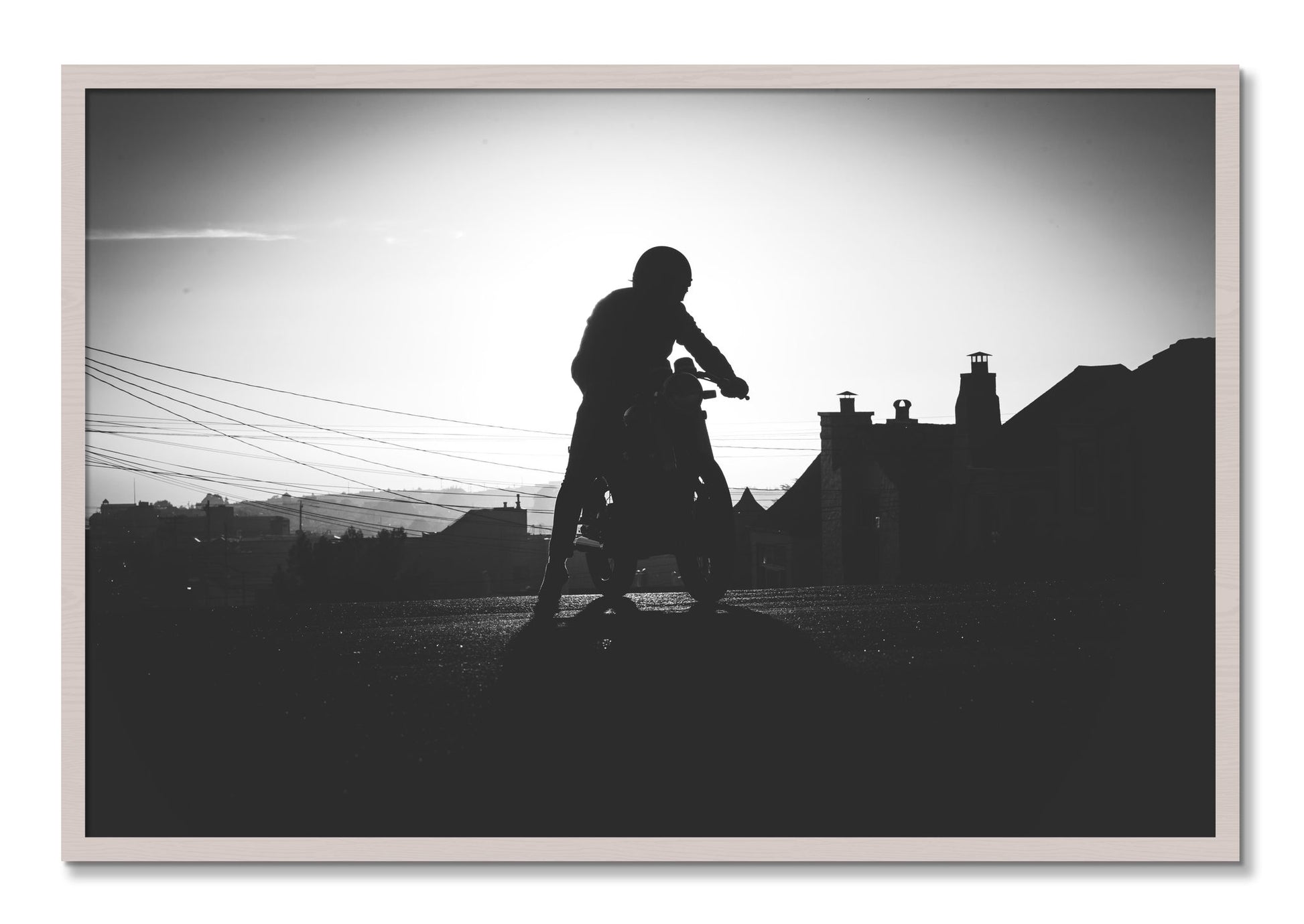 Framed photograph of Cafe Racer by Dylan Ozanich, White Maple frame, Full Bleed