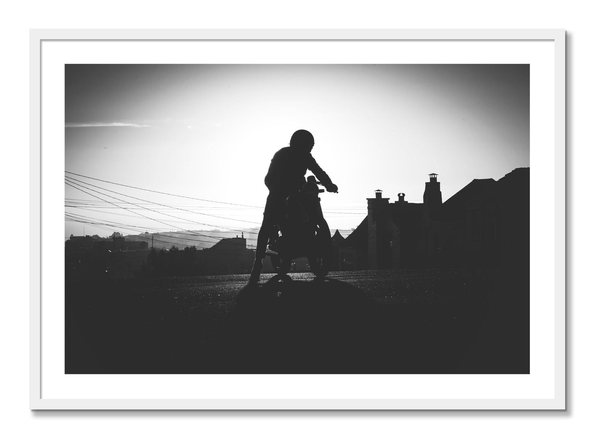 Framed photograph of Cafe Racer by Dylan Ozanich, White frame, Full Bleed
