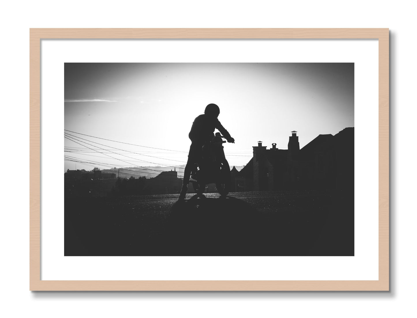 Framed photograph of Cafe Racer by Dylan Ozanich, Maple frame, Borders