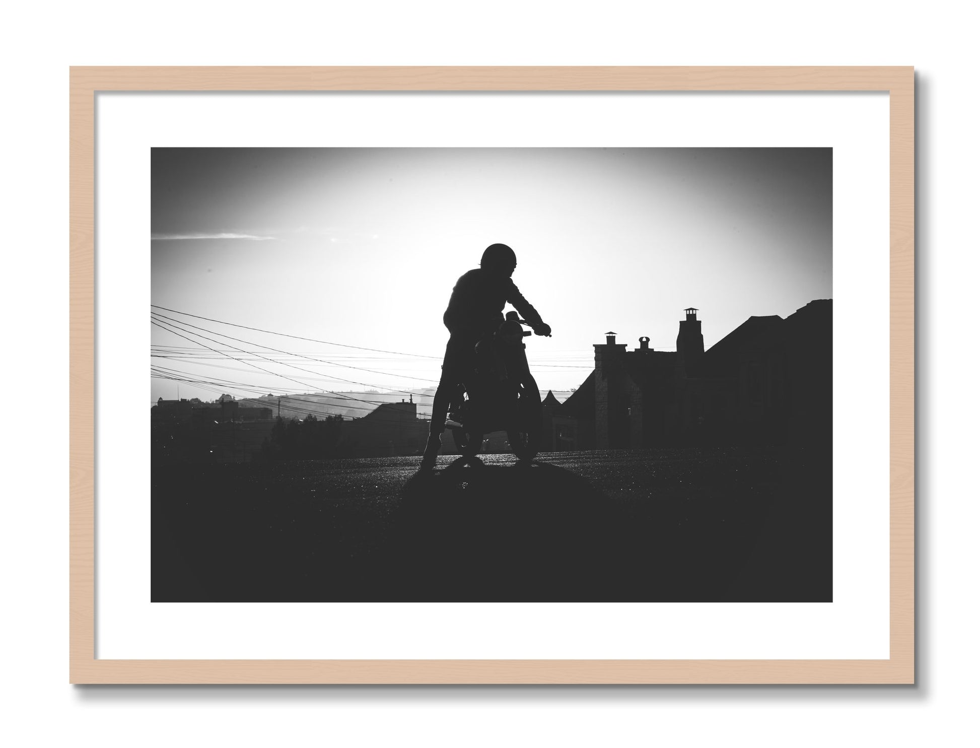 Framed photograph of Cafe Racer by Dylan Ozanich, Maple frame, Borders