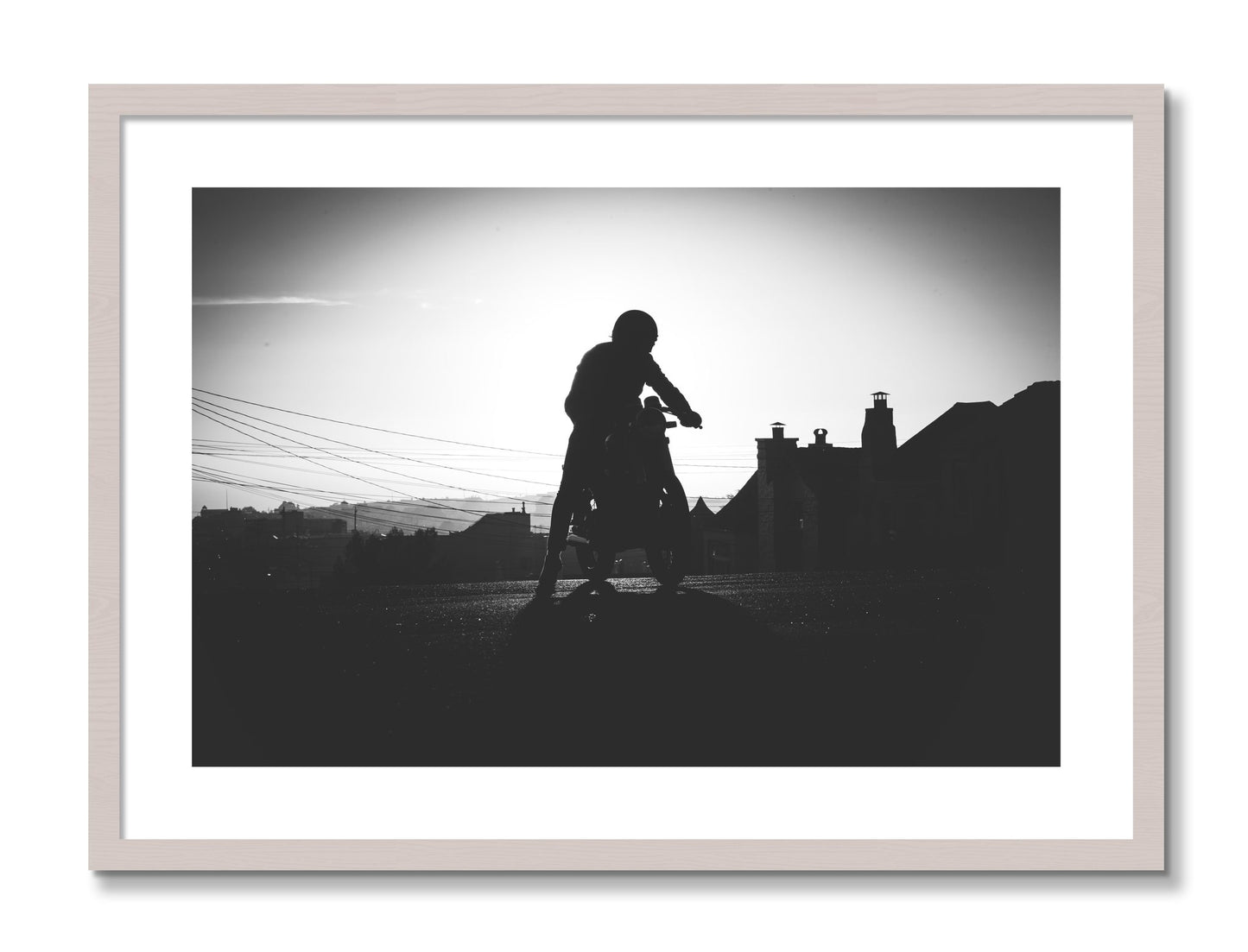 Framed photograph of Cafe Racer by Dylan Ozanich, White Maple frame, Borders