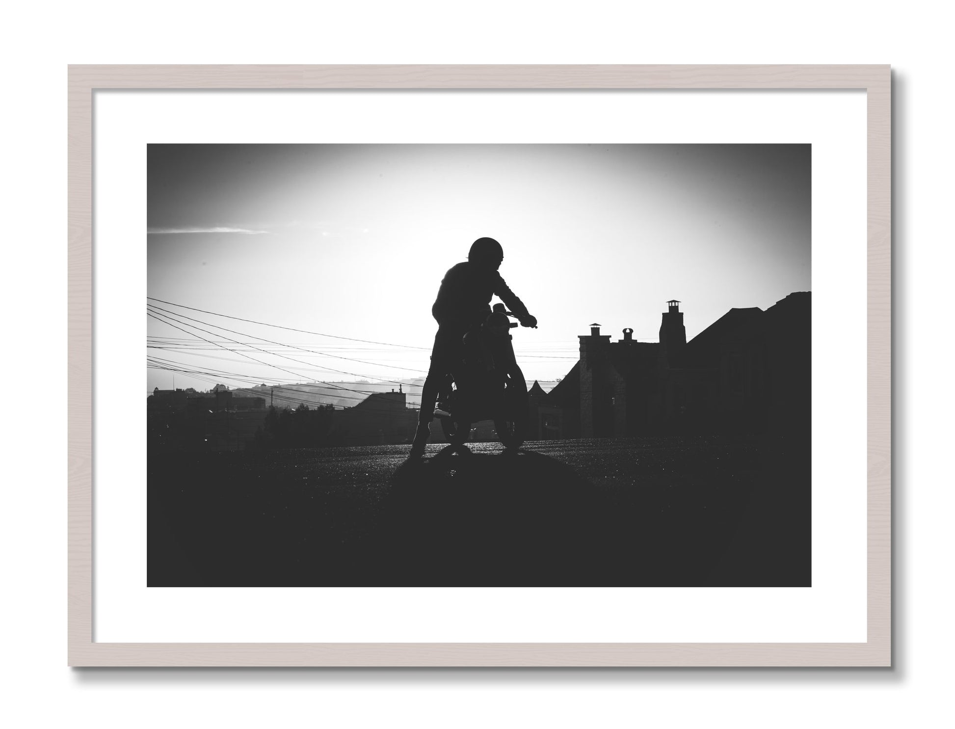 Framed photograph of Cafe Racer by Dylan Ozanich, White Maple frame, Borders