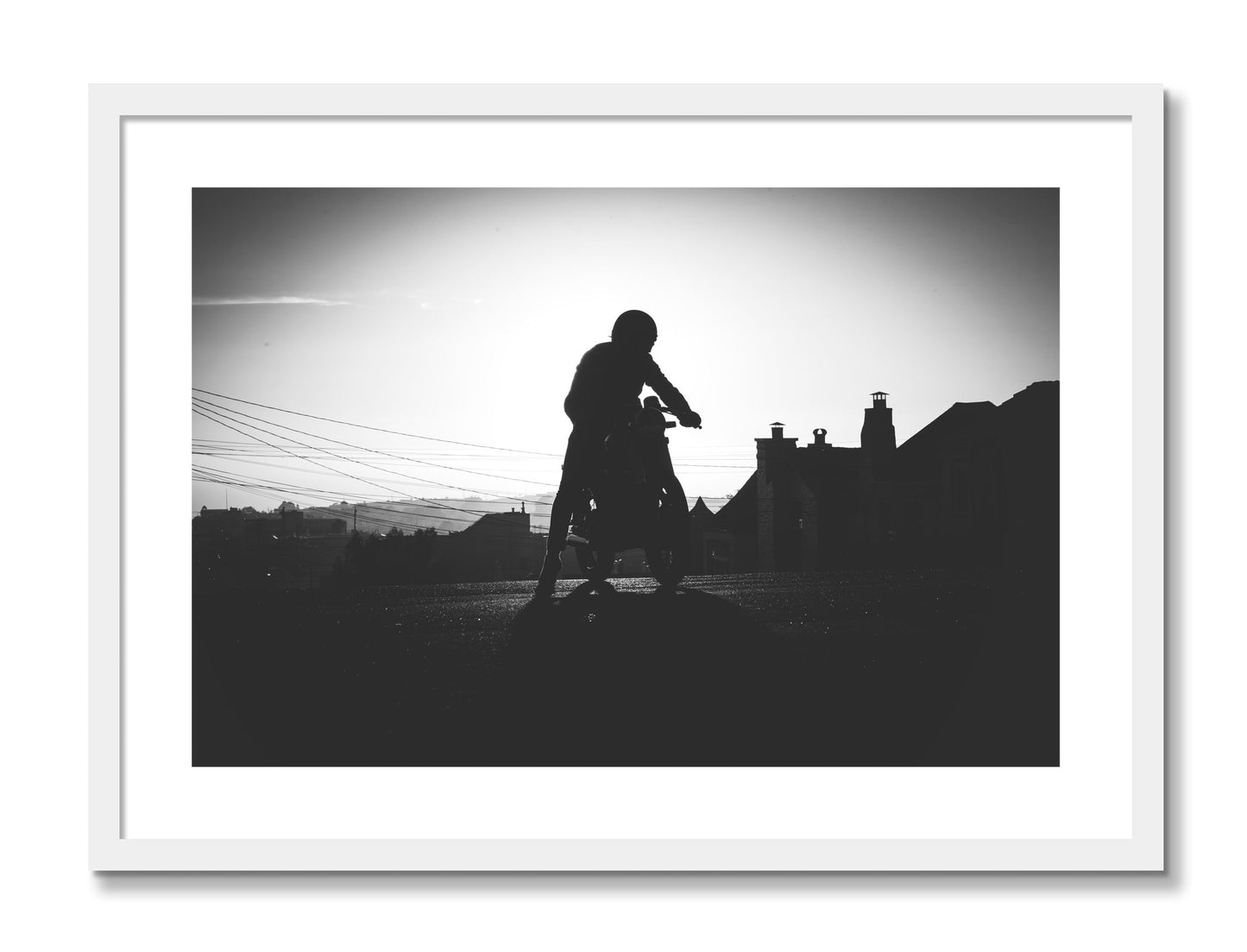 Framed photograph of Cafe Racer by Dylan Ozanich, White frame, Borders