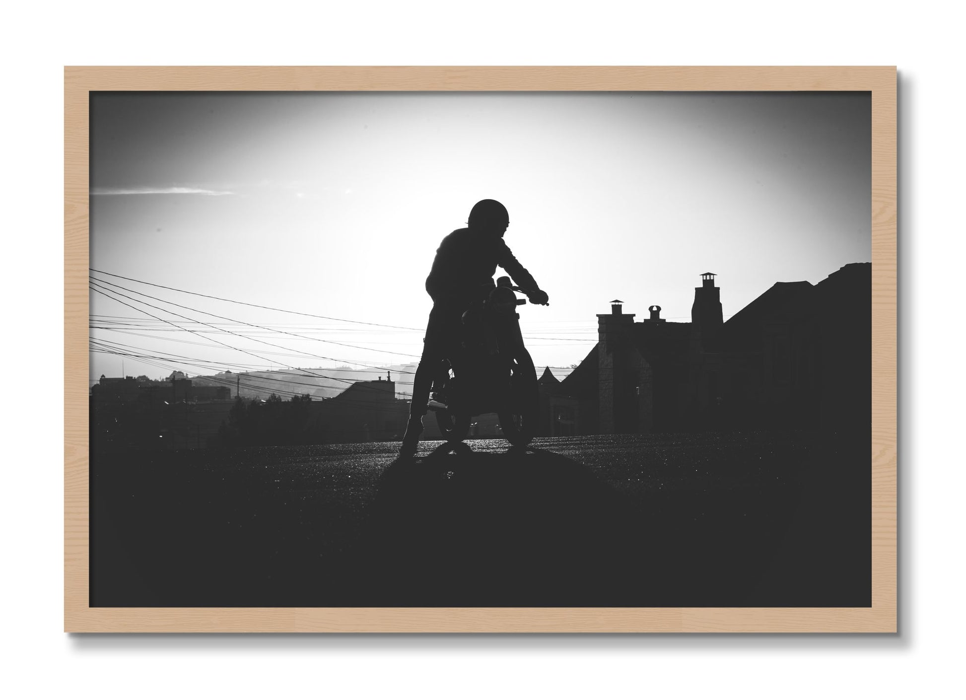 Framed photograph of Cafe Racer by Dylan Ozanich, Oak frame, Full Bleed