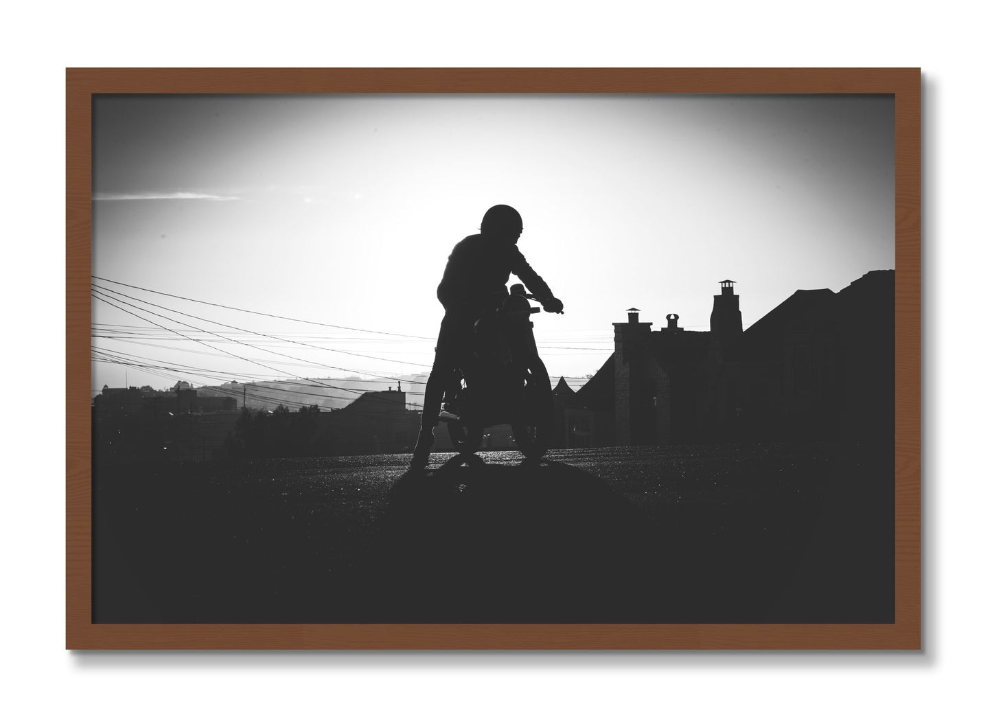 Framed photograph of Cafe Racer by Dylan Ozanich, Walnut frame, Full Bleed