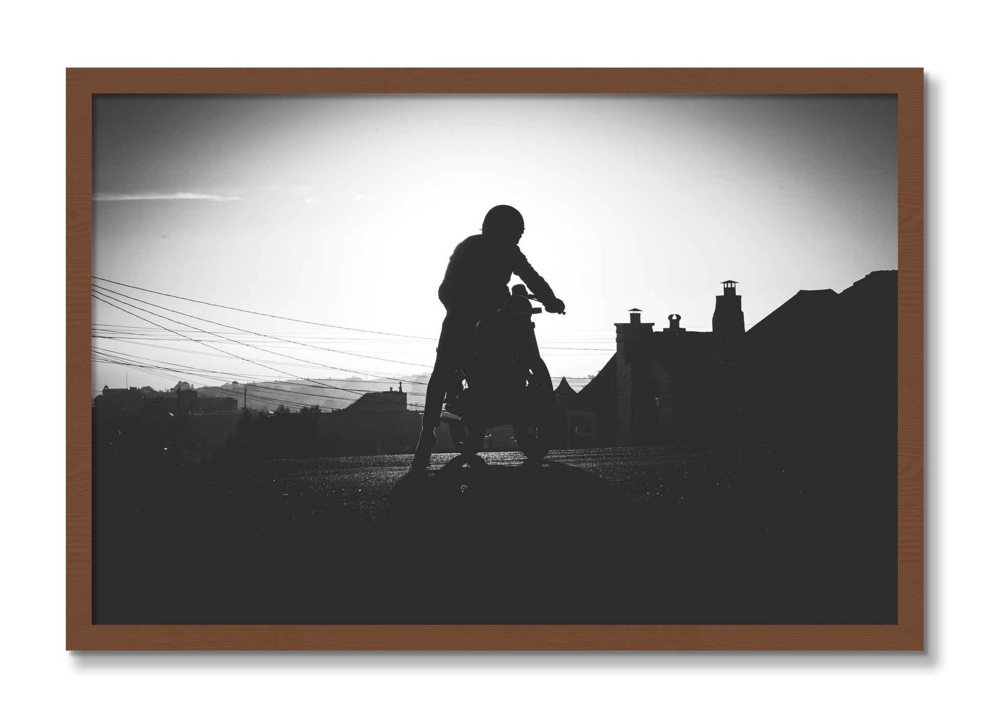 Framed photograph of Cafe Racer by Dylan Ozanich, Walnut frame, Full Bleed