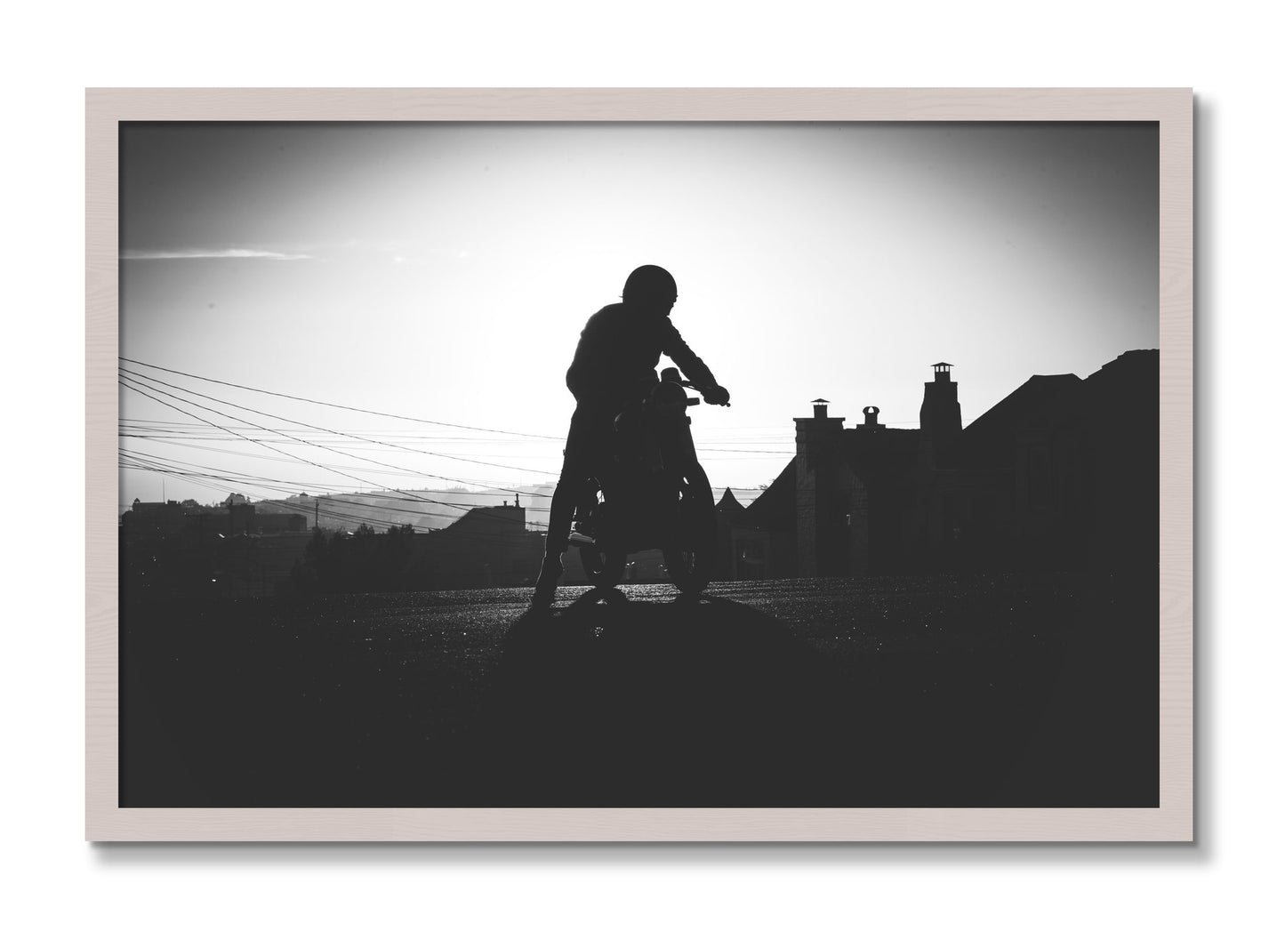 Framed photograph of Cafe Racer by Dylan Ozanich, White Maple frame, Full Bleed