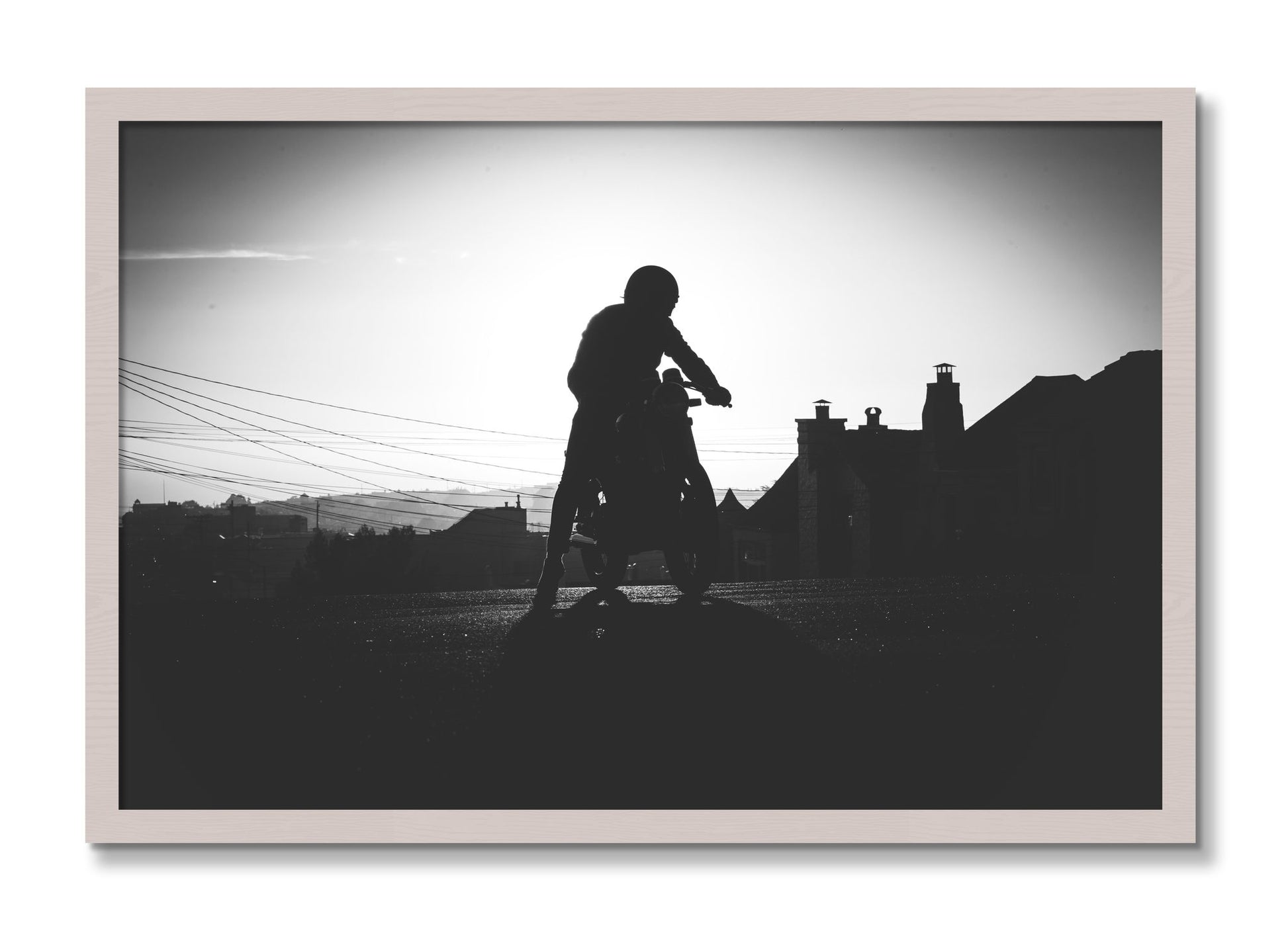 Framed photograph of Cafe Racer by Dylan Ozanich, White Maple frame, Full Bleed