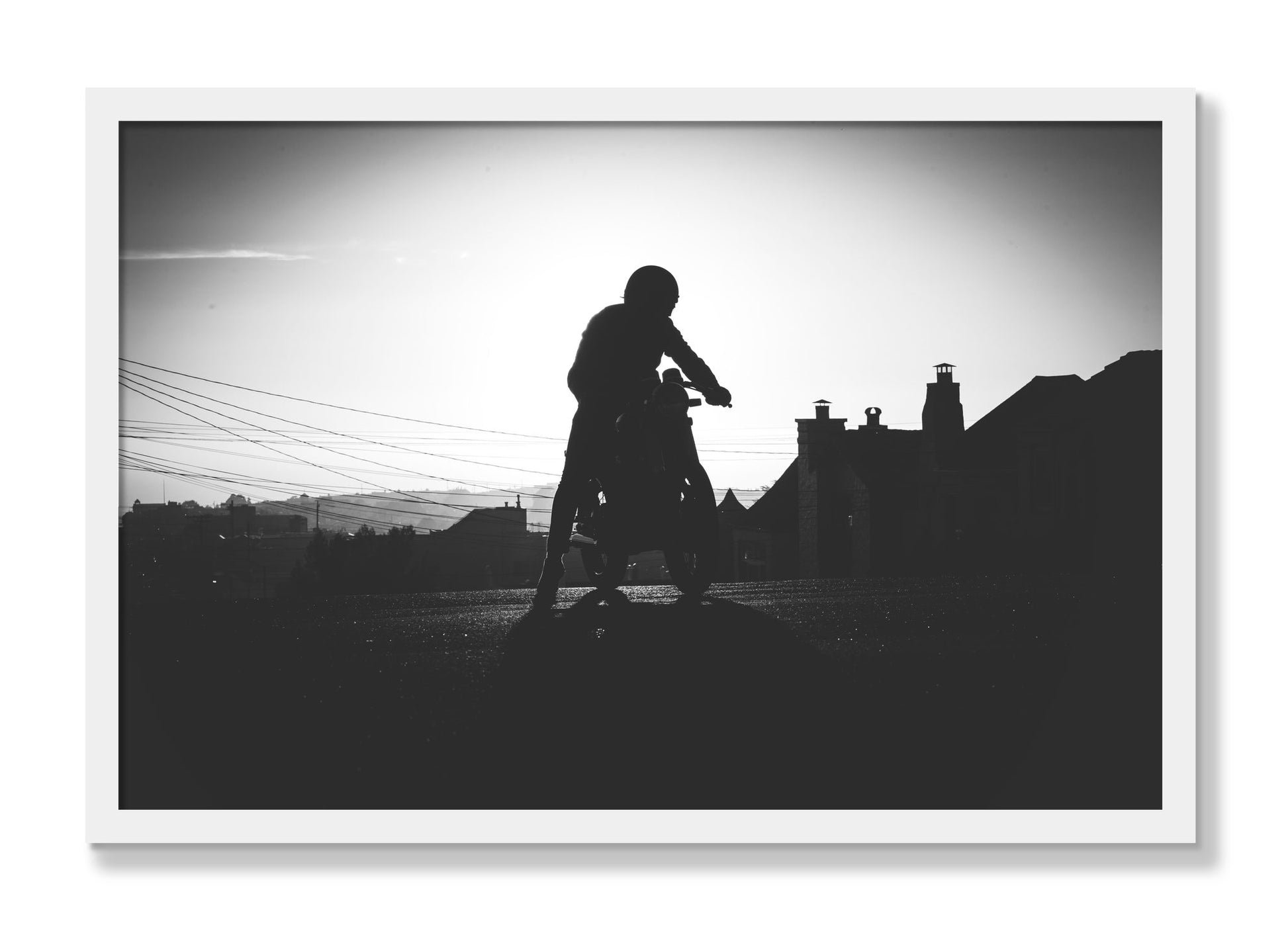 Framed photograph of Cafe Racer by Dylan Ozanich, White frame, Full Bleed