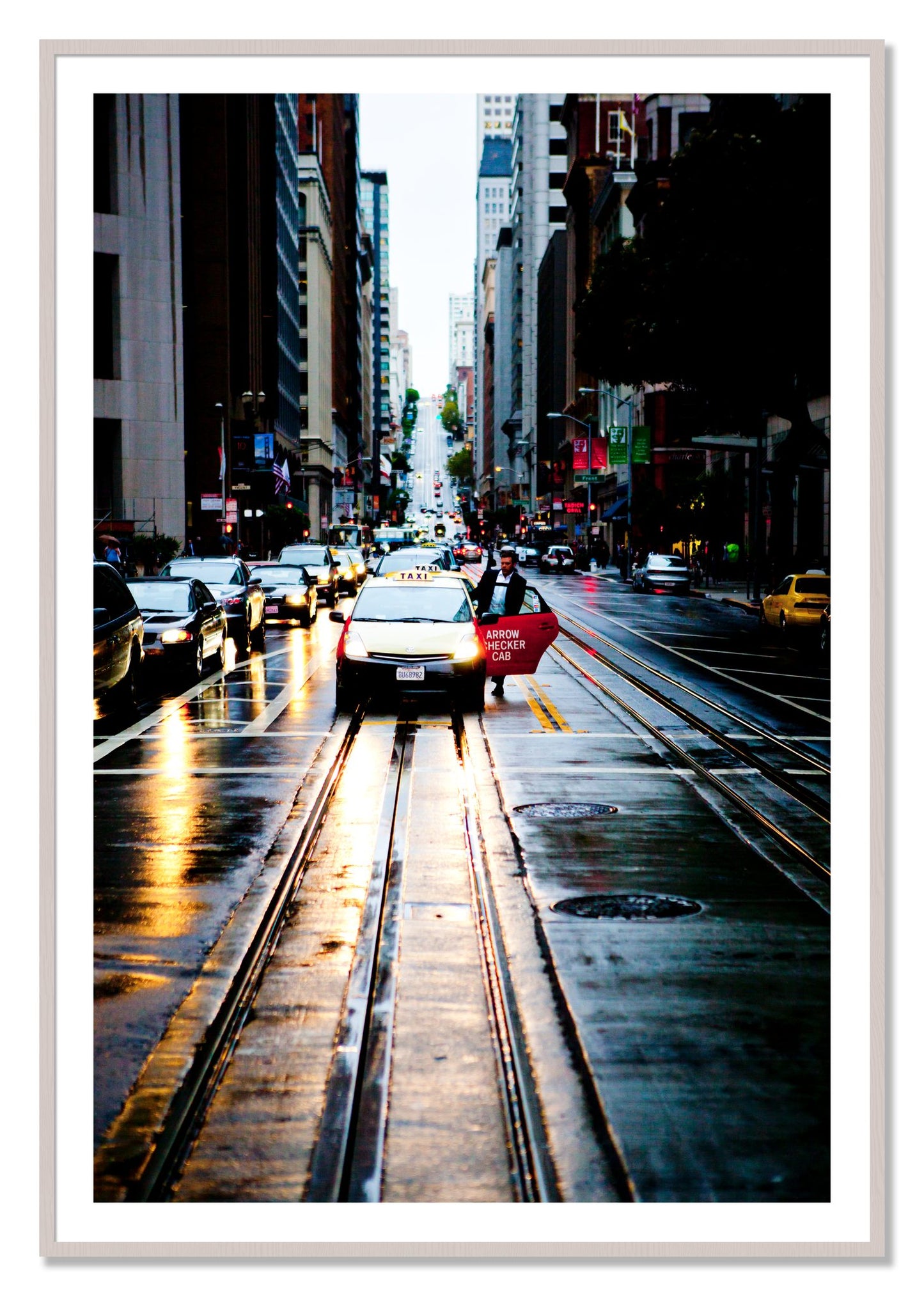 Framed photograph of Californa Street by Dylan Ozanich, White Maple frame, Borders