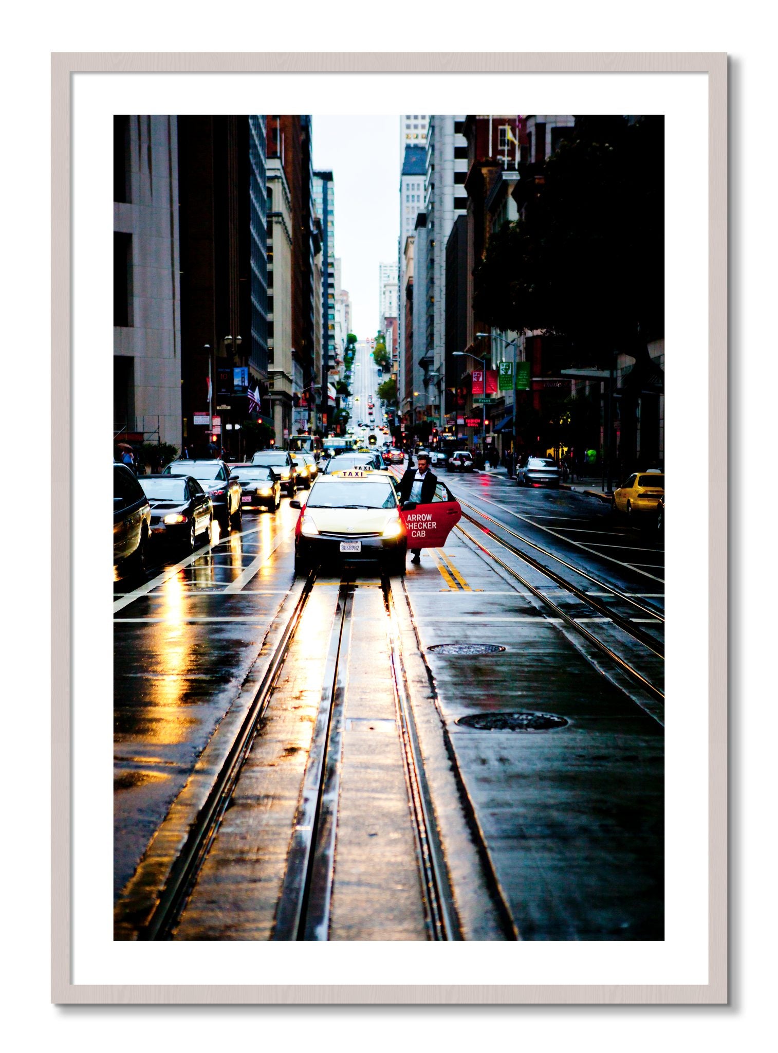 Framed photograph of Californa Street by Dylan Ozanich, White Maple frame, Borders