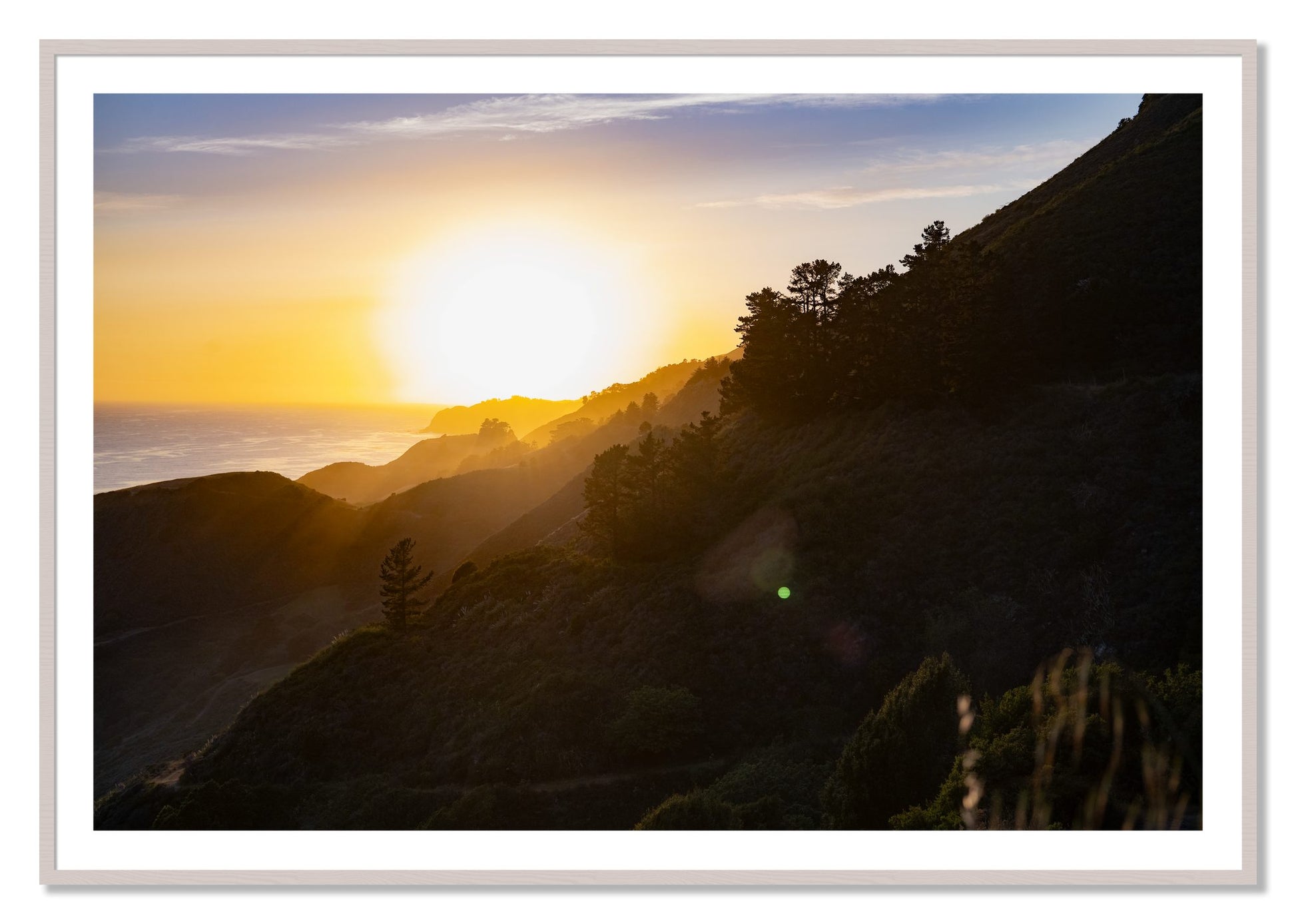 Framed photograph of California Coastline by Dylan Ozanich, White Maple frame, Borders