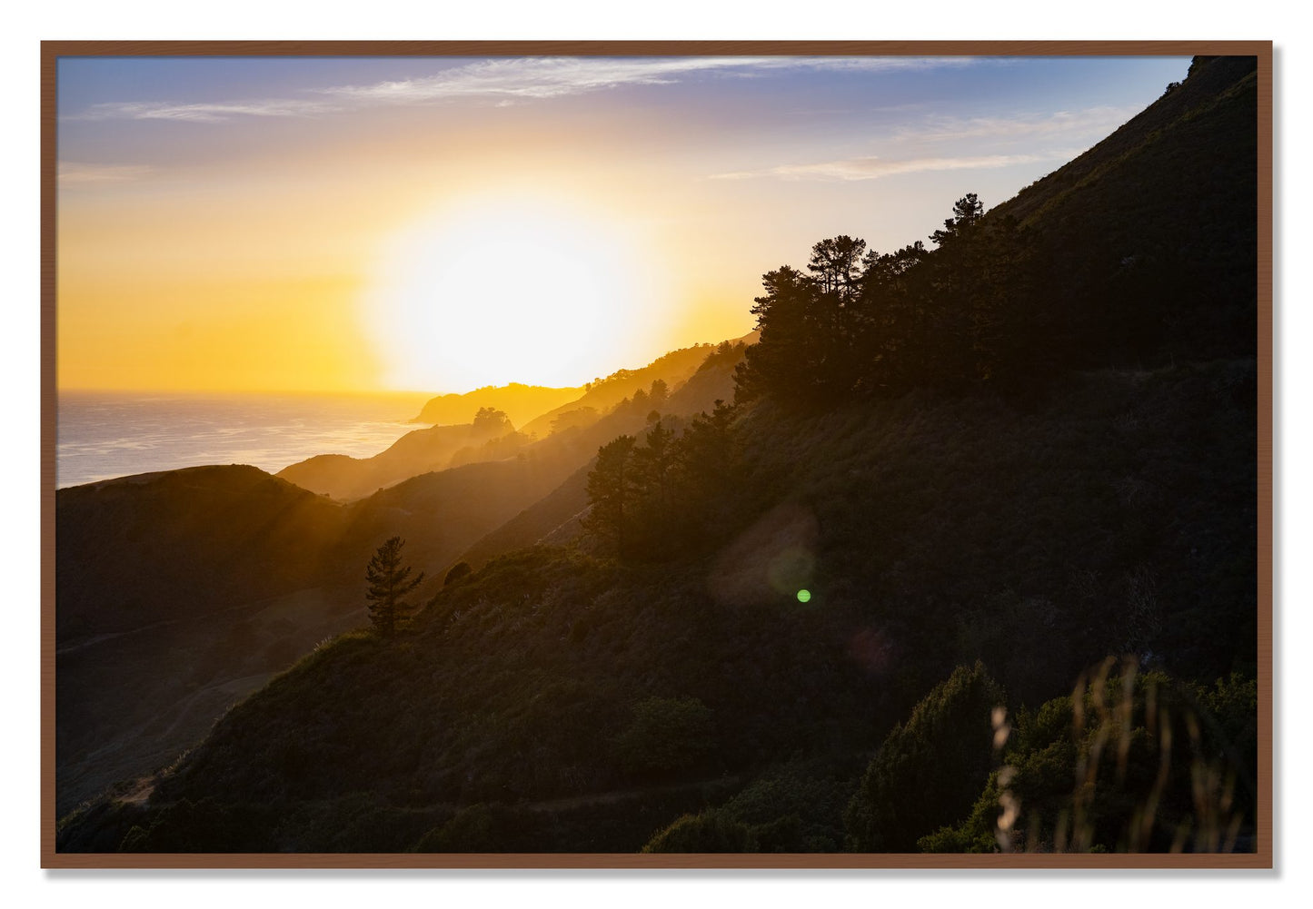 Framed photograph of California Coastline by Dylan Ozanich, Walnut frame, Full Bleed