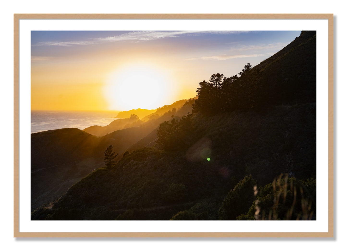 Framed photograph of California Coastline by Dylan Ozanich, Oak frame, Borders