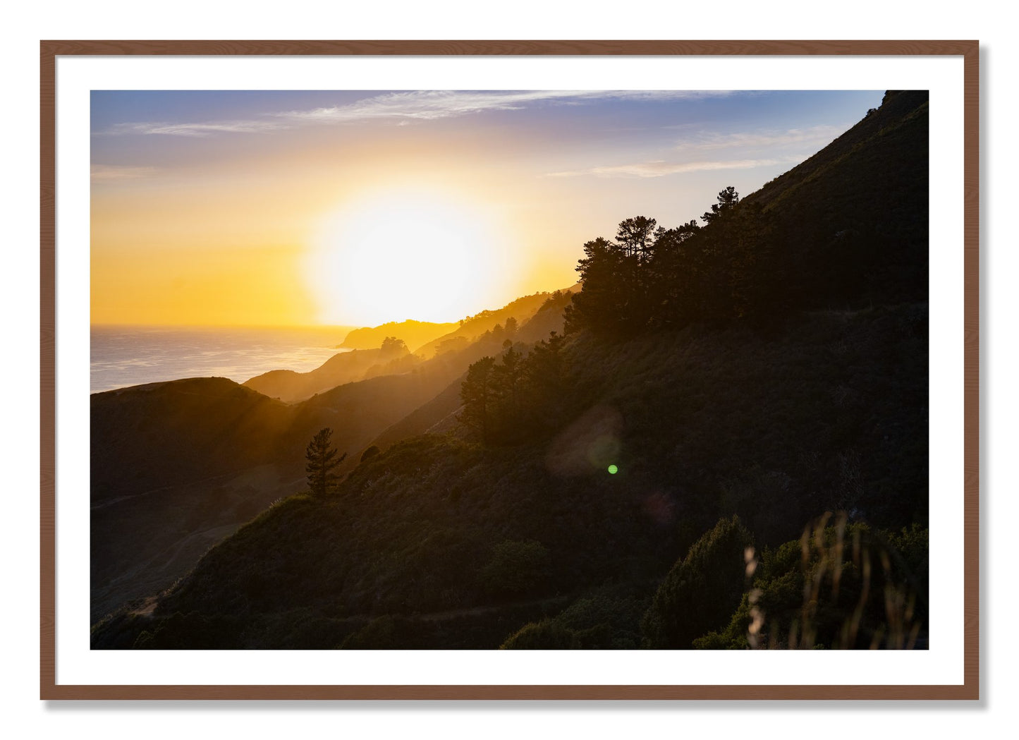 Framed photograph of California Coastline by Dylan Ozanich, Walnut frame, Borders