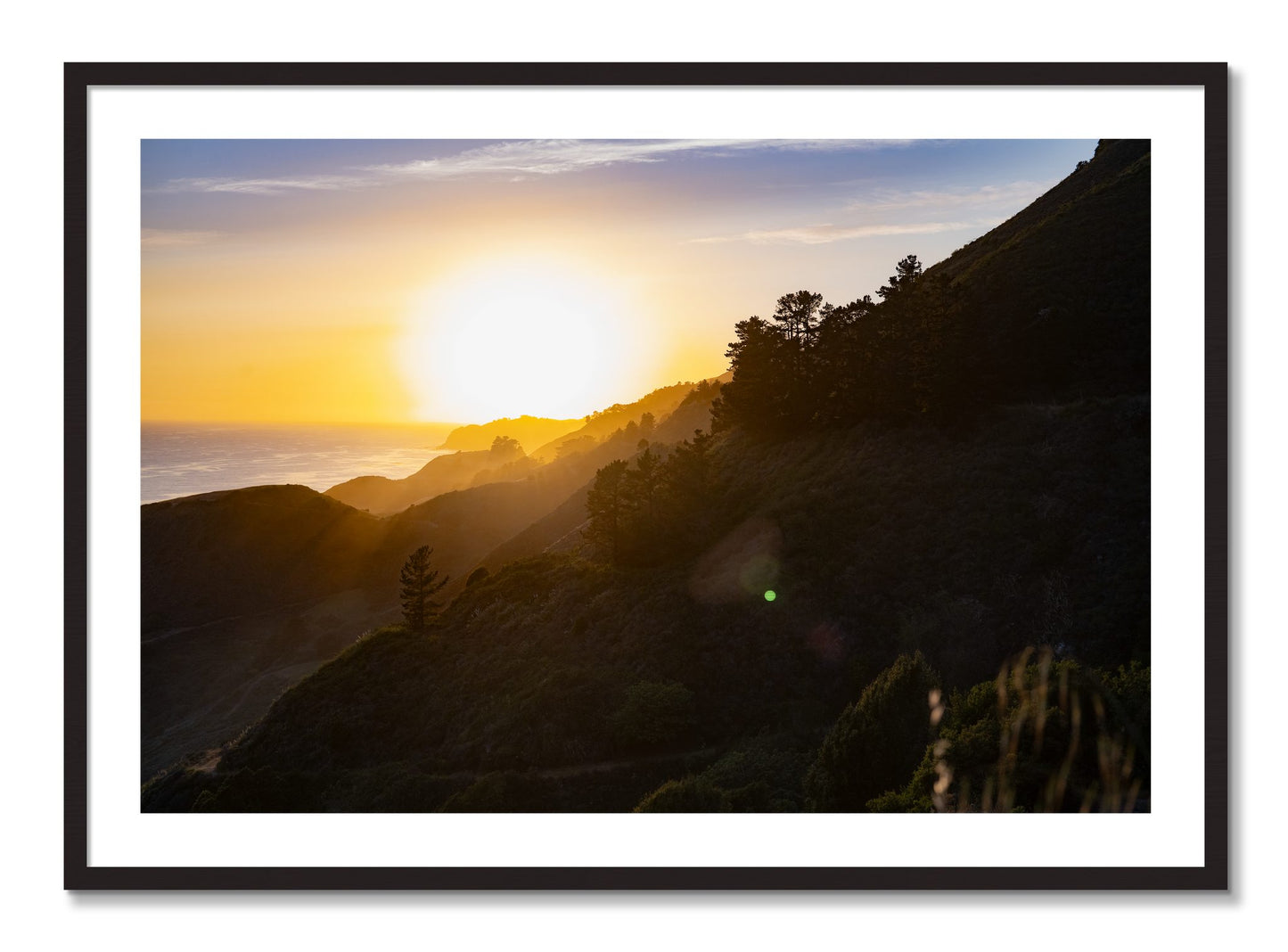 Framed photograph of California Coastline by Dylan Ozanich, Black Walnut frame, Borders