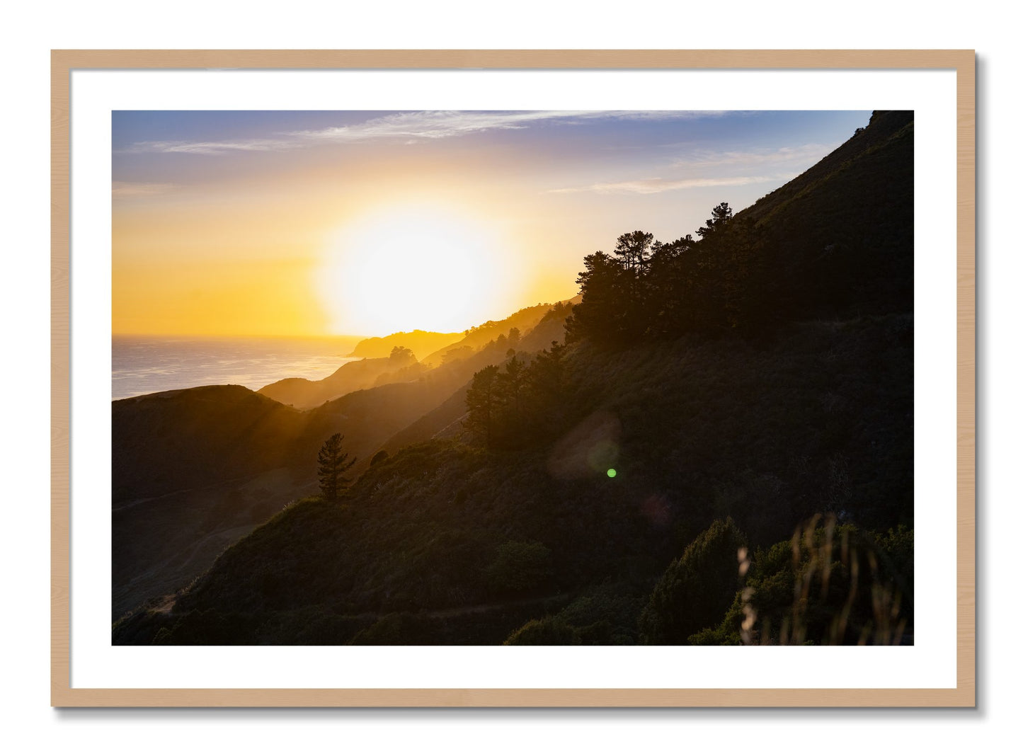 Framed photograph of California Coastline by Dylan Ozanich, Oak frame, Borders