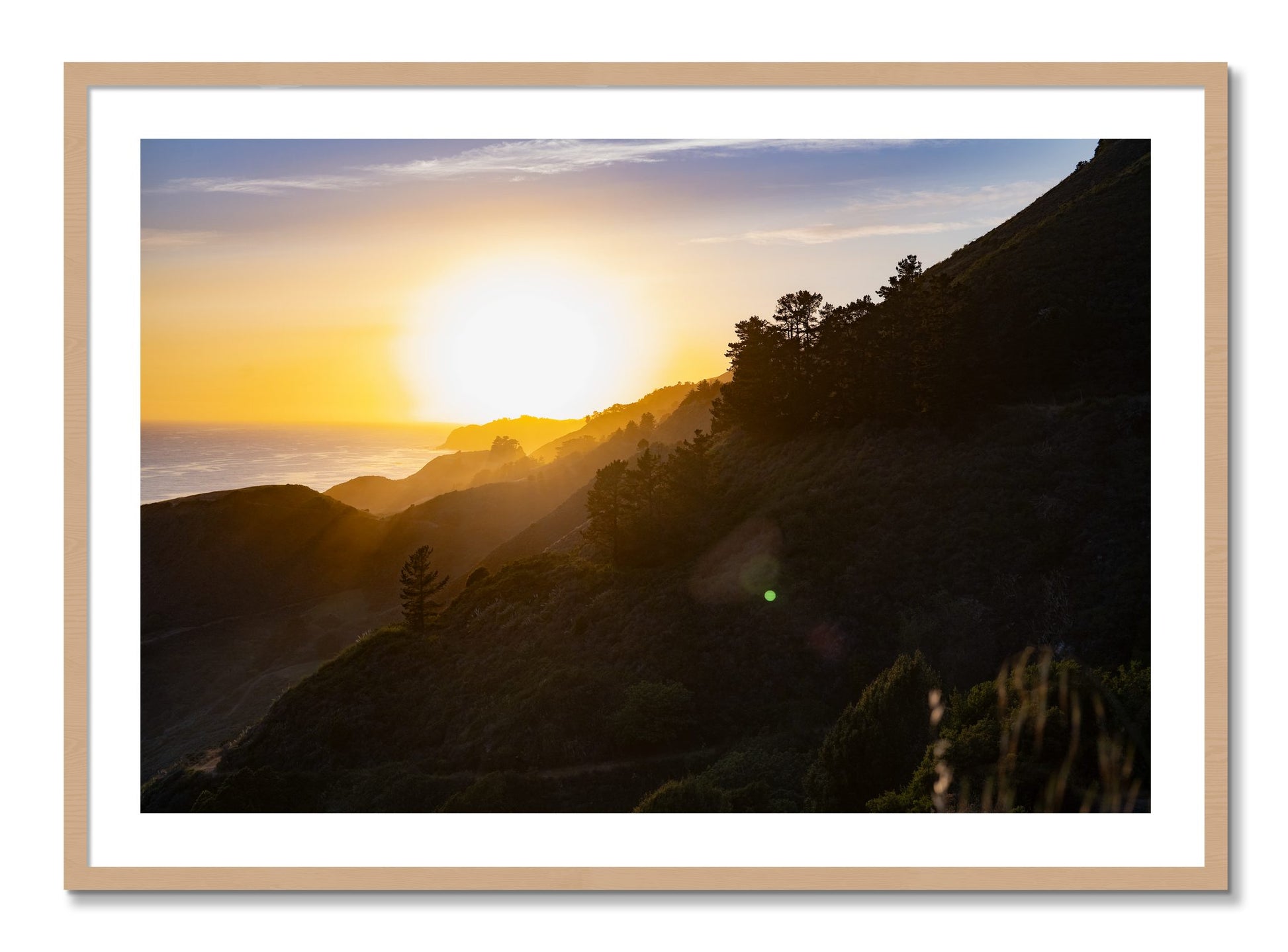 Framed photograph of California Coastline by Dylan Ozanich, Oak frame, Borders