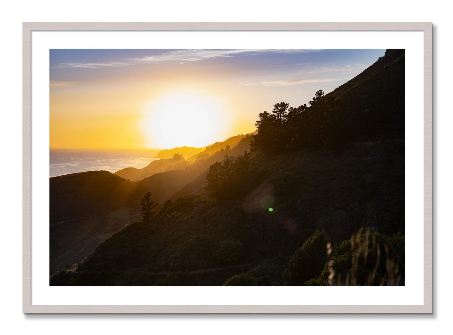 Framed photograph of California Coastline by Dylan Ozanich, White Maple frame, Borders