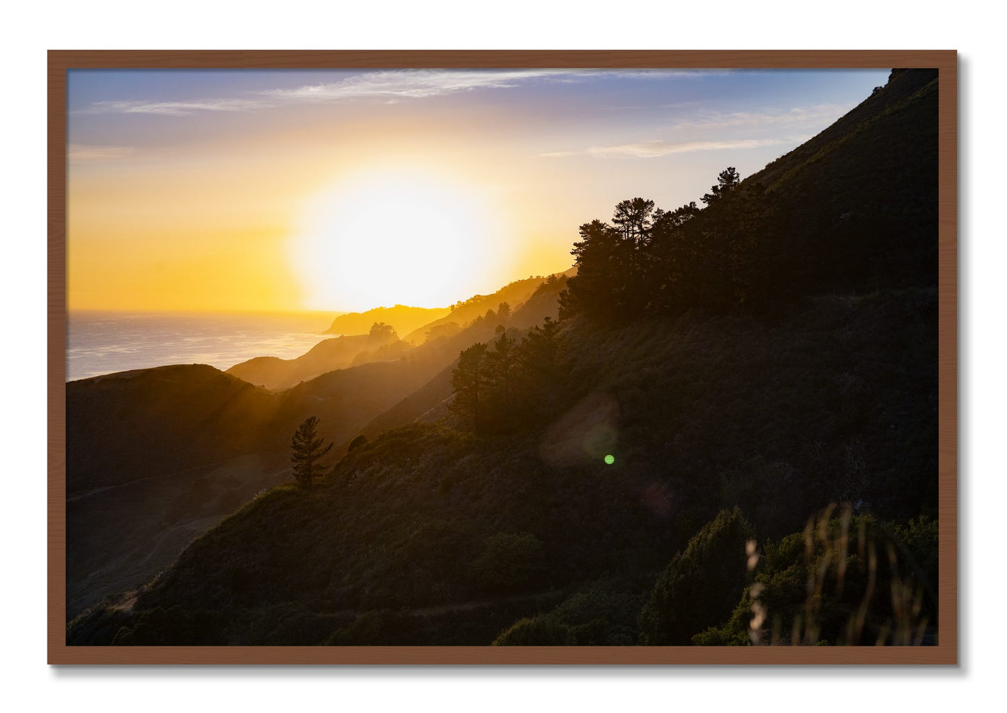 Framed photograph of California Coastline by Dylan Ozanich, Walnut frame, Full Bleed